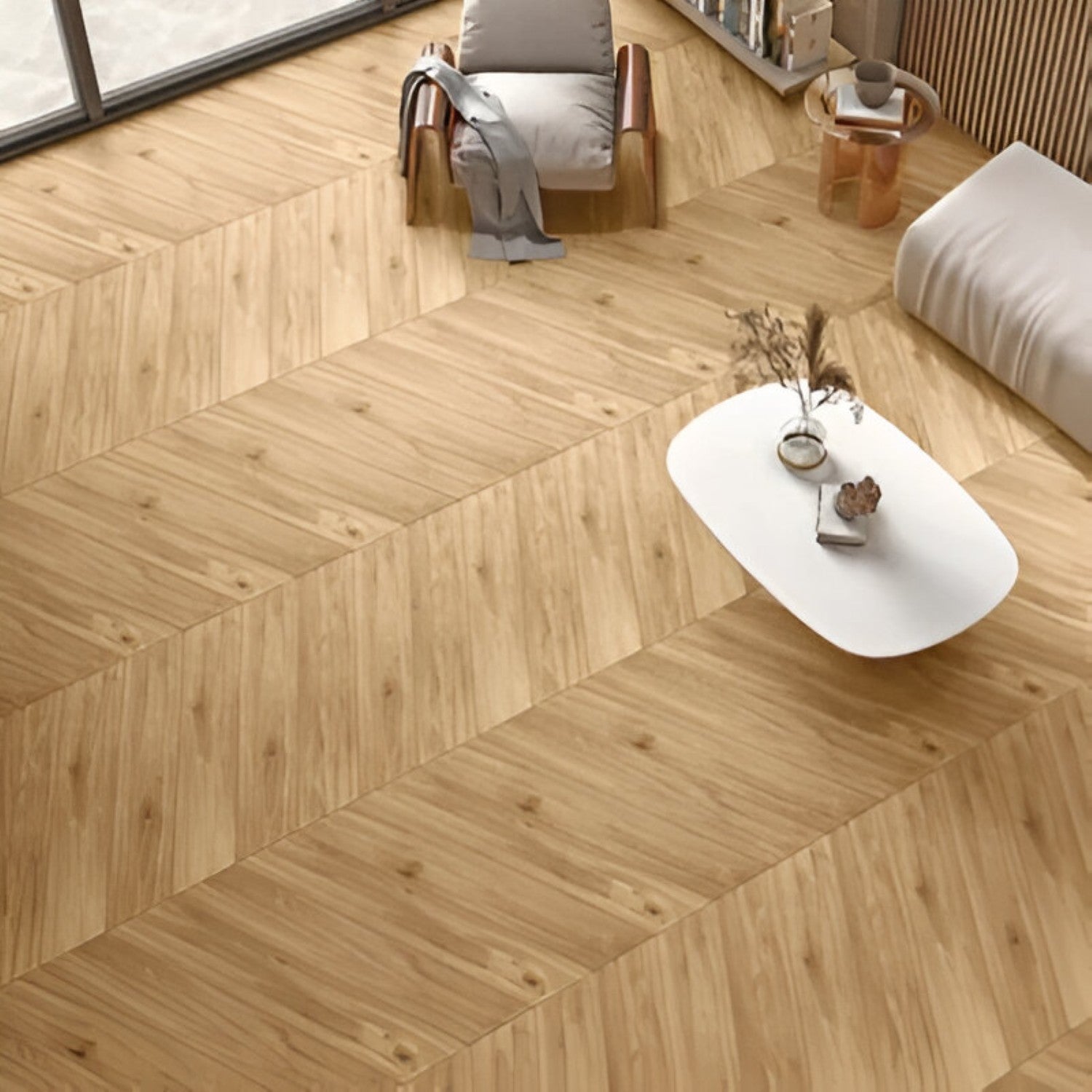 Oaklore Beige Chevron Wooden Tile 6x36 Inch, featuring soft beige oak tones arranged in a chevron pattern, ideal for warm, elegant, and durable flooring or wall applications.
