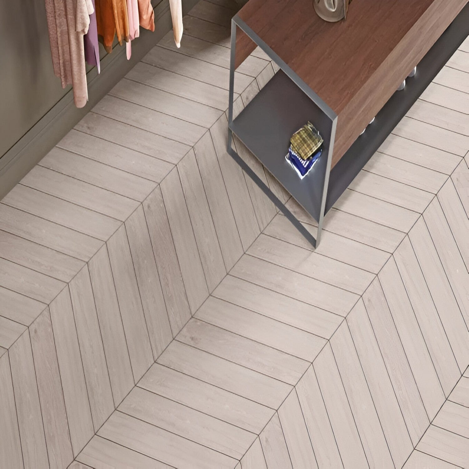 Oaklore Cemento Chevron Wooden Tile 6x36 Inch, featuring soft grey oak tones arranged in a chevron pattern, perfect for modern and durable flooring or wall applications.
