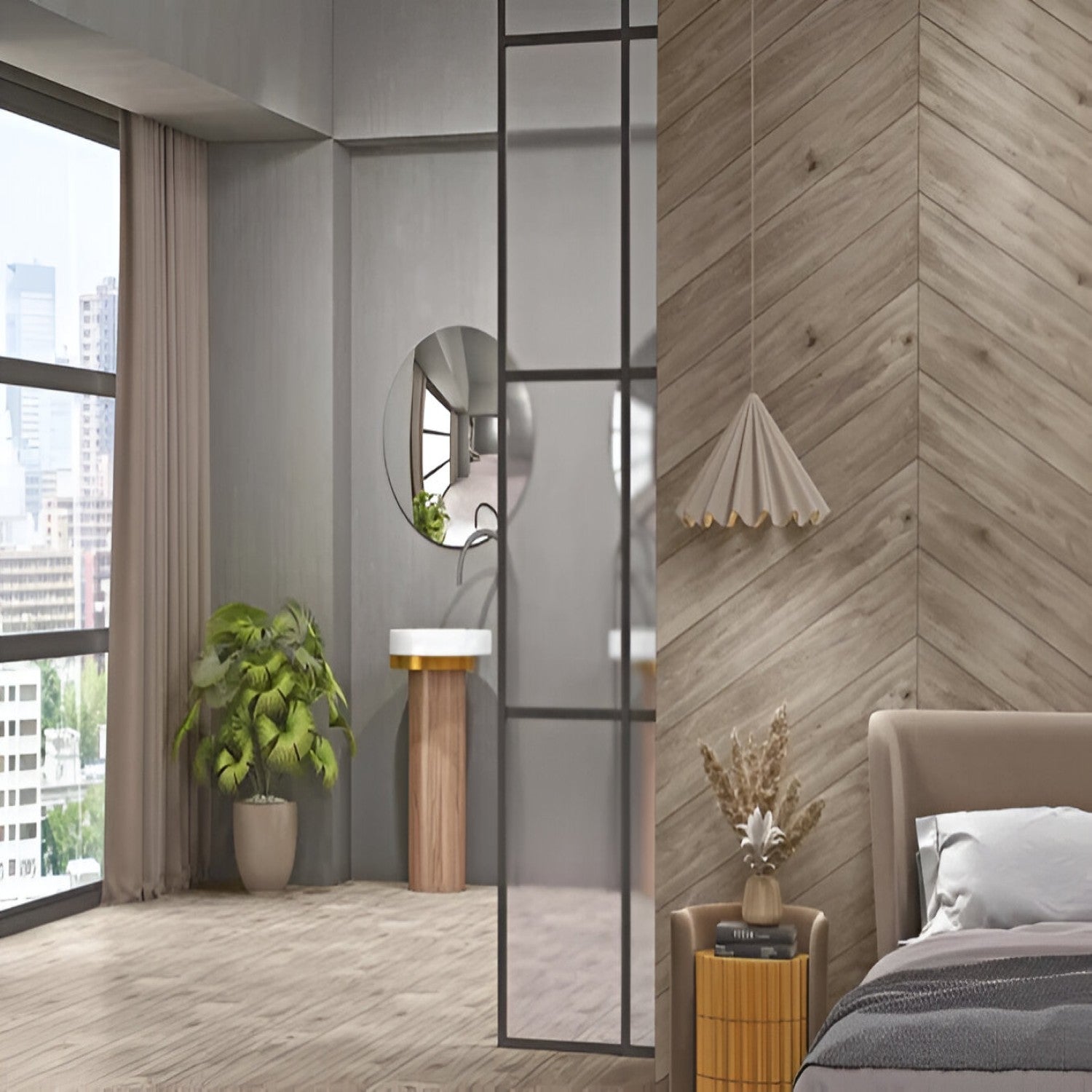 Oaklore Grigio Chevron Wooden Tile 6x36 Inch, featuring soft grey oak tones arranged in a chevron pattern, ideal for contemporary and durable flooring or wall applications.
