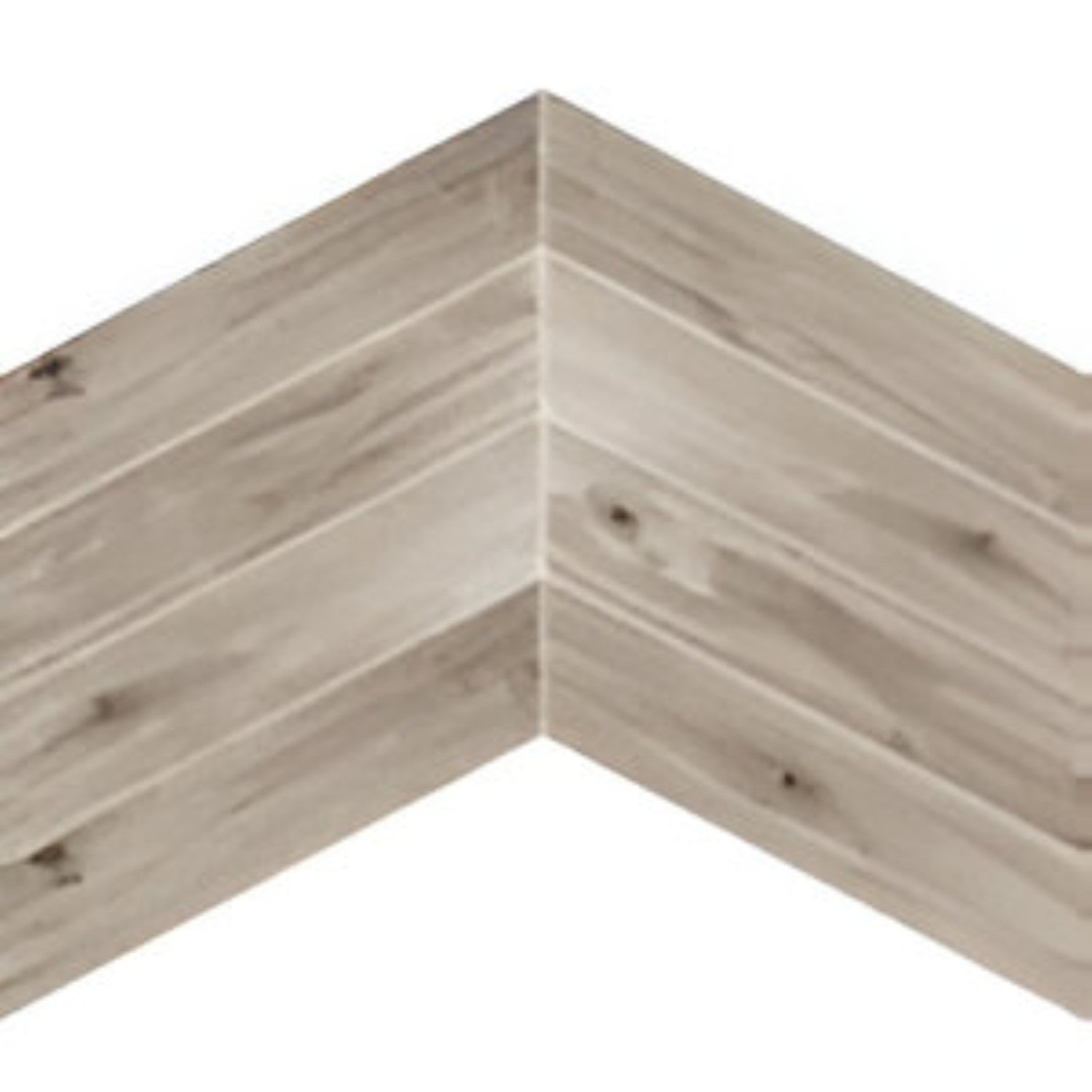 Oaklore Grigio Chevron Wooden Tile 6x36 Inch, featuring soft grey oak tones arranged in a chevron pattern, ideal for contemporary and durable flooring or wall applications.
