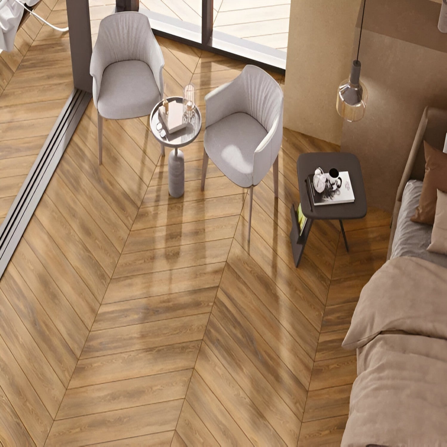Oaklore Taupe Chevron Wooden Tile 6x36 Inch, featuring warm taupe oak tones arranged in a chevron pattern, ideal for elegant and durable flooring or wall applications.
