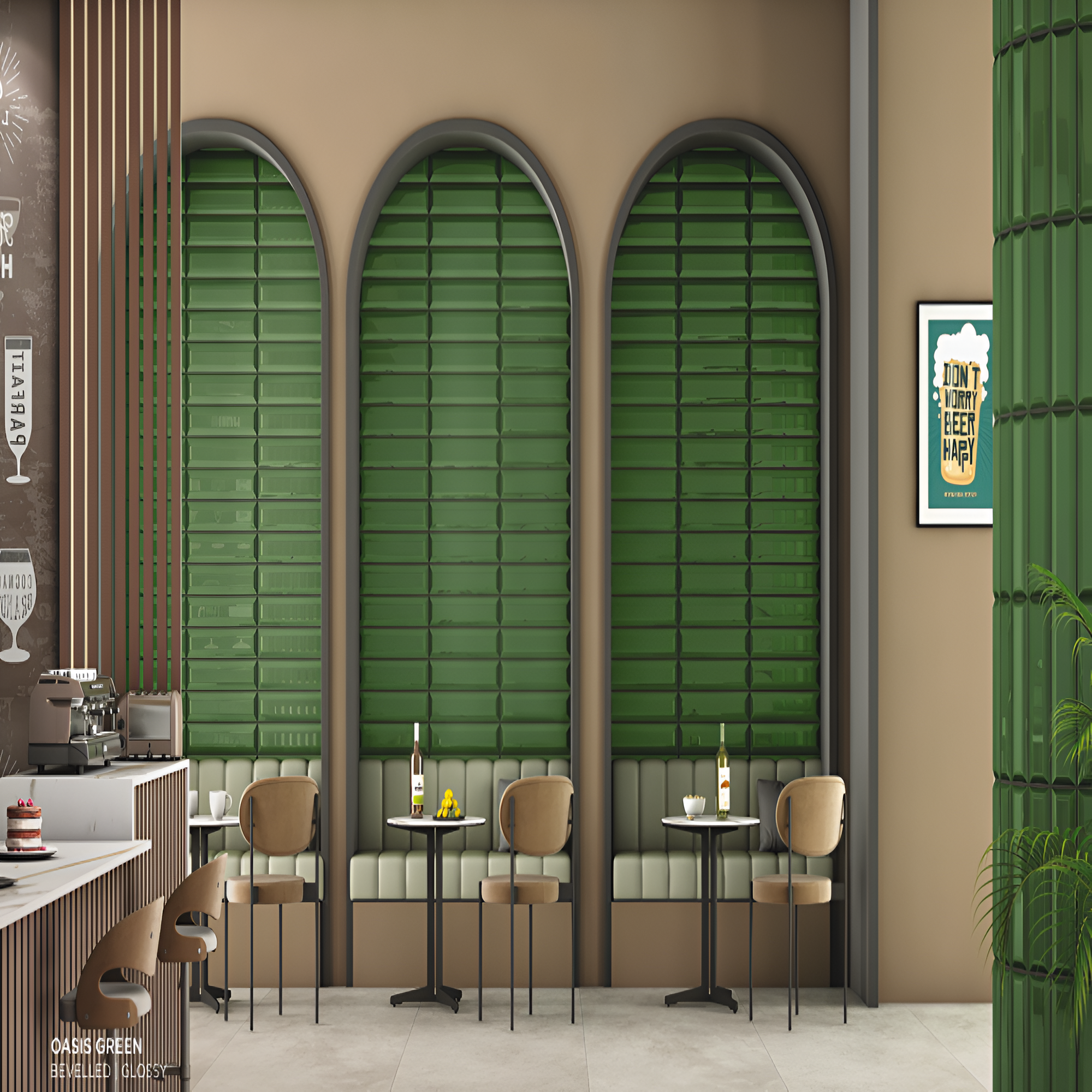 Oasis Green Bevelled Subway Tile 3x12 inch ceramic wall tile in glossy green finish for kitchens and bathrooms.