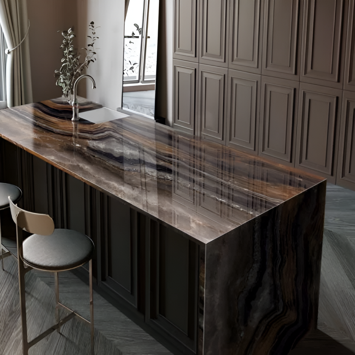 Onyx Brown Color Body Kitchen Countertop / Tabletop with deep brown surface, durable color body material, smooth finish, and elegant design, ideal for modern kitchens and stylish furniture applications
