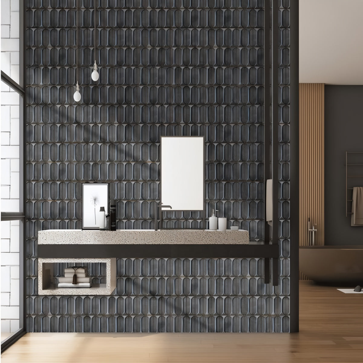 Opal Cosmo Charcoal Tile - 12x12 ceramic wall tile with glossy charcoal glaze and capsule-shaped 3D texture

