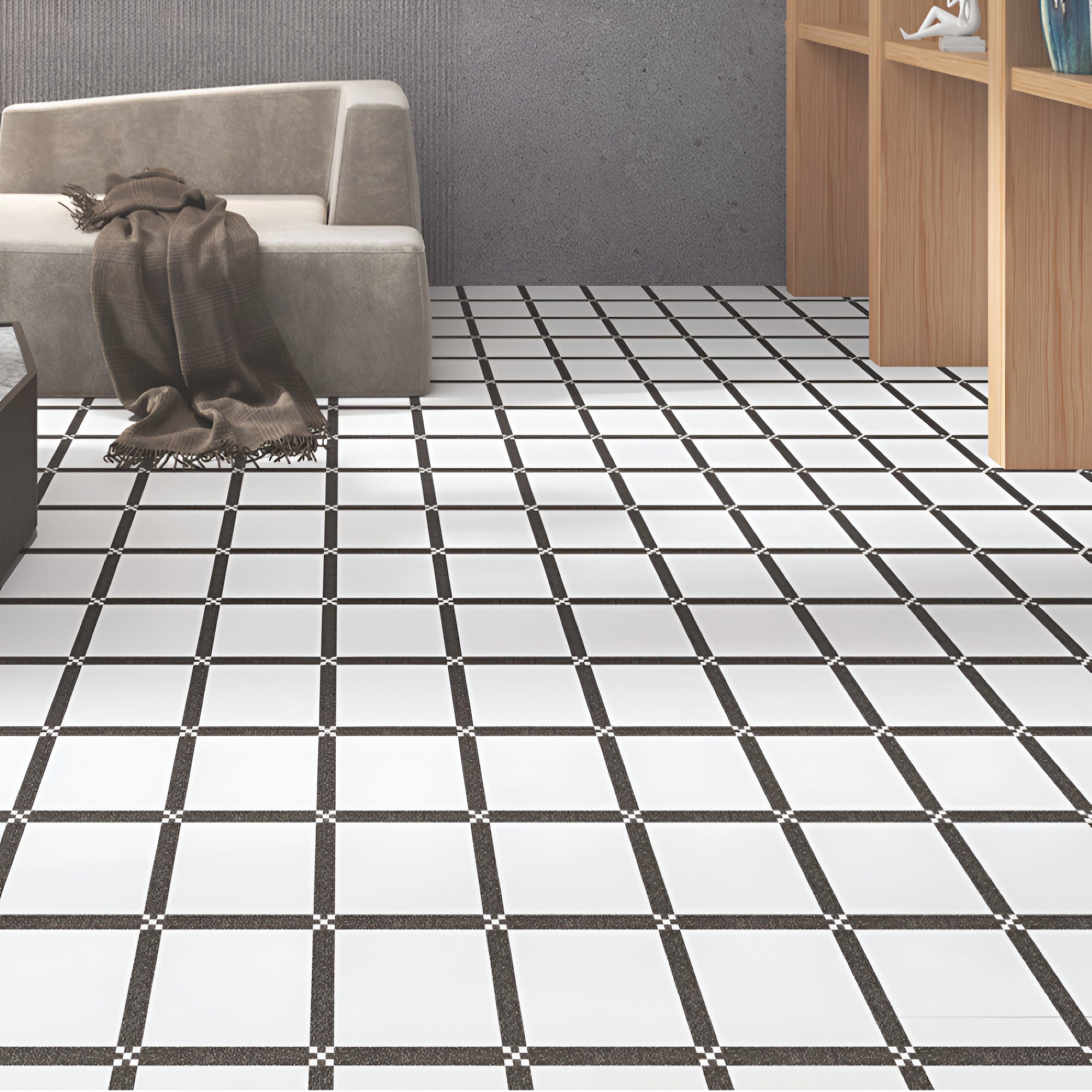 Origin Black Moroccan Vitrified Tile 8x8 Inch with intricate printed Rangoli design, matt finish, suitable for floor and wall applications, showcasing a luxurious black Moroccan-inspired aesthetic.