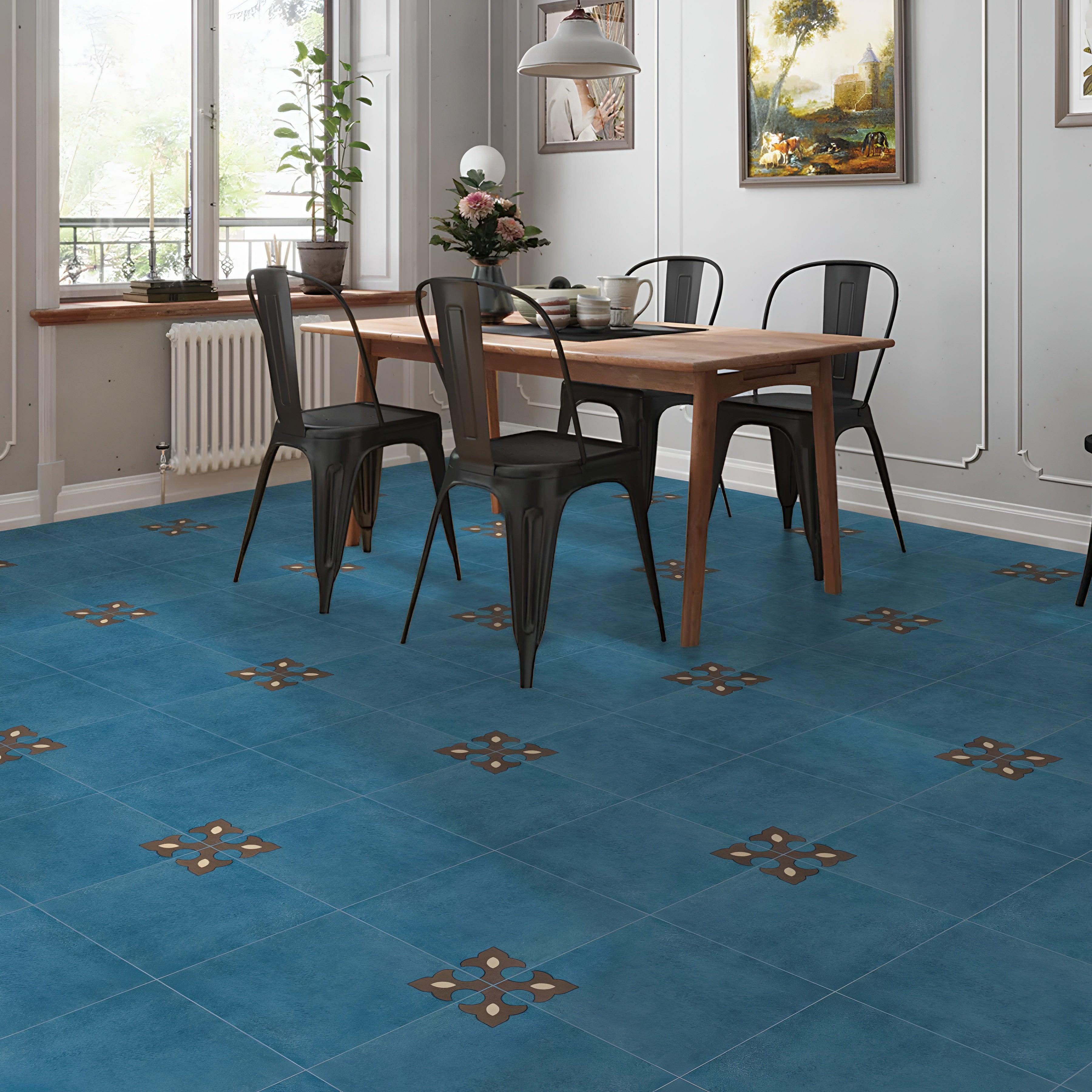 Palace Ocean Ceramic Athangudi Tile 12 Inch x 12 Inch featuring an elegant blue Moroccan and Rangoli-inspired printed pattern with a matt finish. This decorative ceramic wall and floor tile showcases traditional Athangudi craftsmanship combined with contemporary geometric motifs, making it ideal for bathrooms, kitchens, balconies, bedrooms, living rooms, feature walls, decorative flooring, and stylish residential interior spaces.