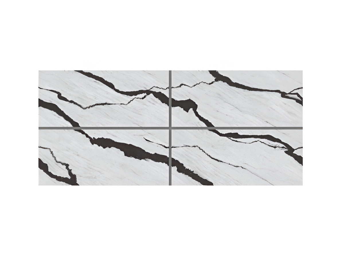 Pandaa vitrified tile in 24x48 inch size featuring a marble-inspired surface pattern with a smooth glossy finish, installed in a modern interior setting on both floor and wall, showcasing a seamless large-format layout, refined detailing, and a polished architectural appearance suitable for residential and commercial spaces.