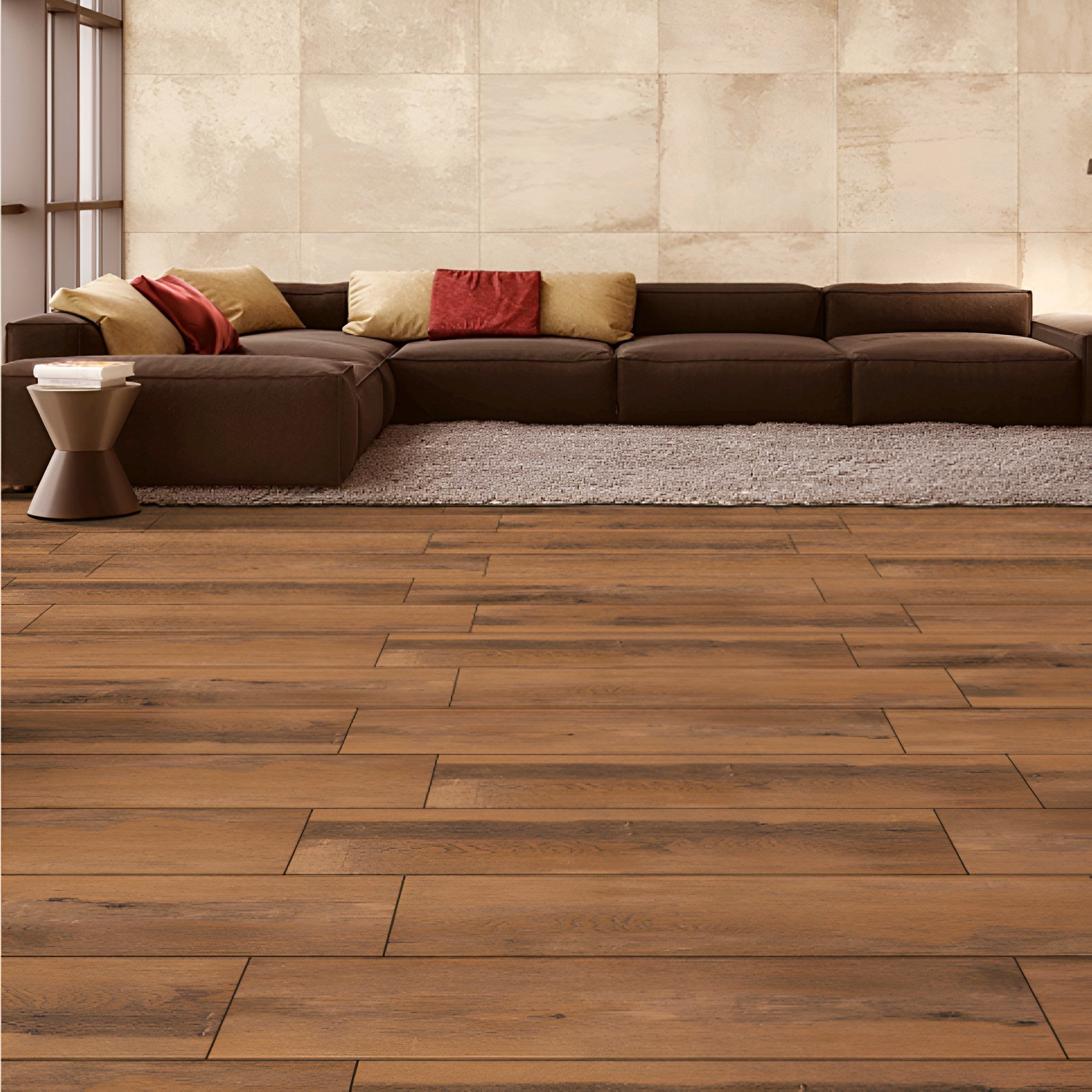 Pau Rosa wooden plank vitrified tile in 8x48 inch size, showing natural wood grain texture, warm earthy shades and matt finish surface designed for premium flooring applications.