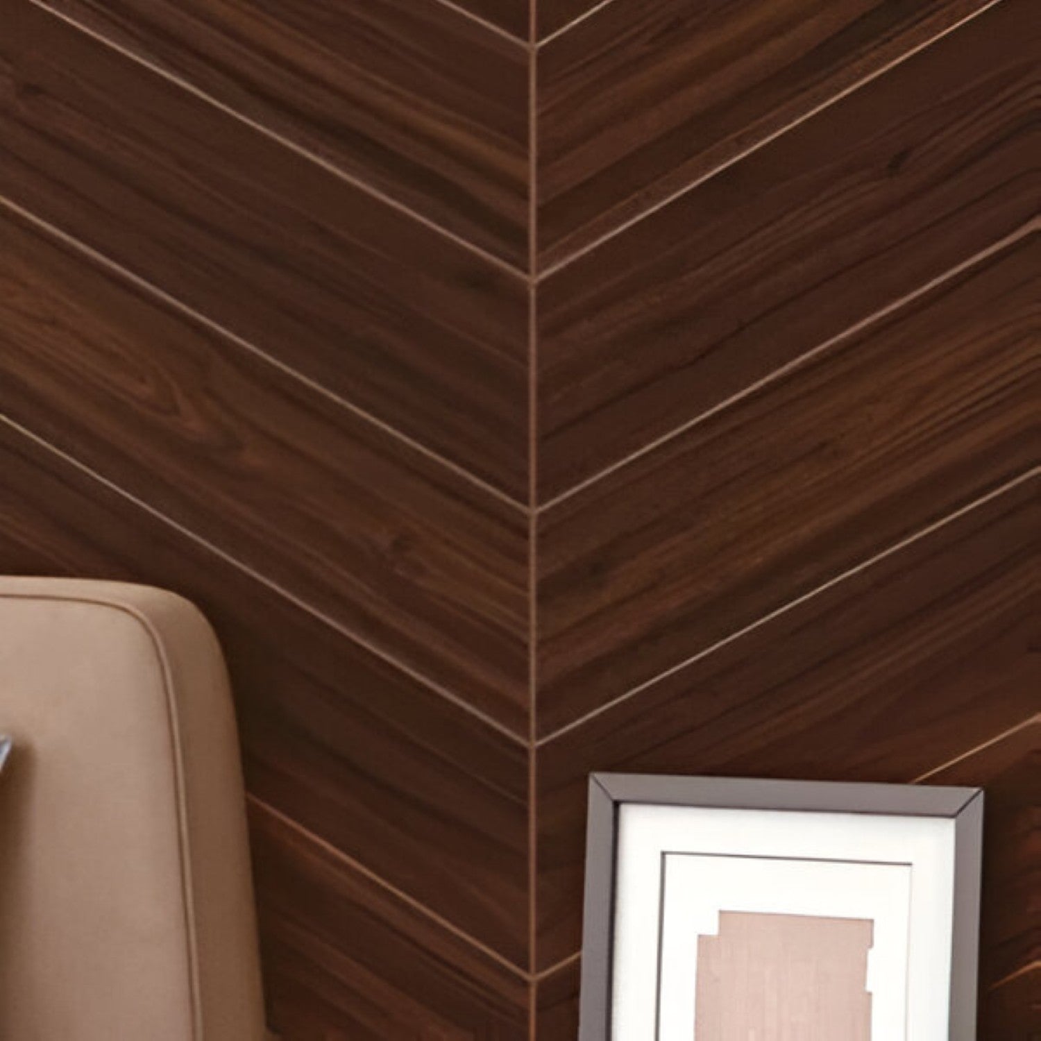 Pecan Chevron Wooden Tile 6x36 Inch, featuring warm pecan wood tones arranged in a chevron pattern, ideal for stylish and durable flooring or wall applications.
