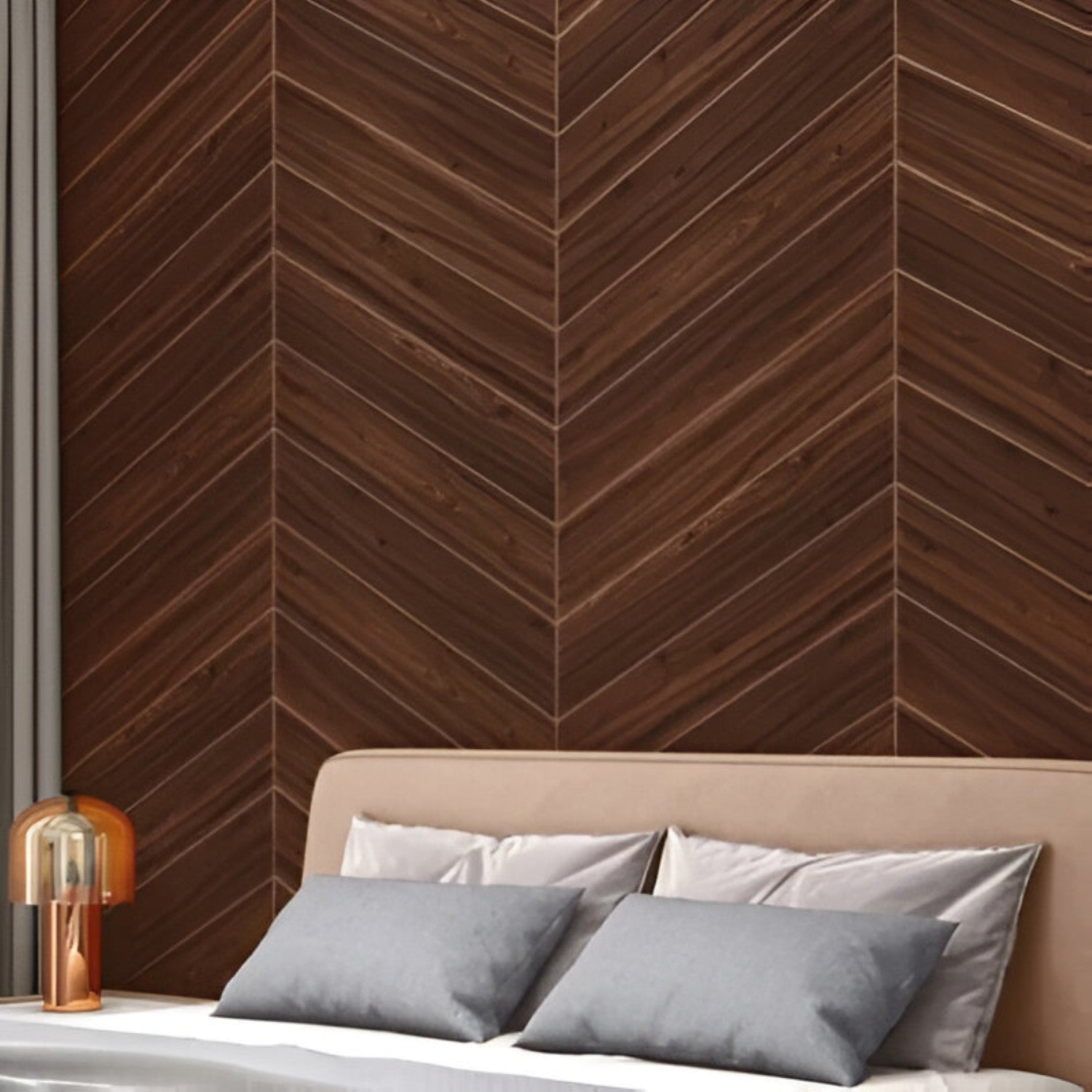 Pecan Chevron Wooden Tile 6x36 Inch, featuring warm pecan wood tones arranged in a chevron pattern, ideal for stylish and durable flooring or wall applications.
