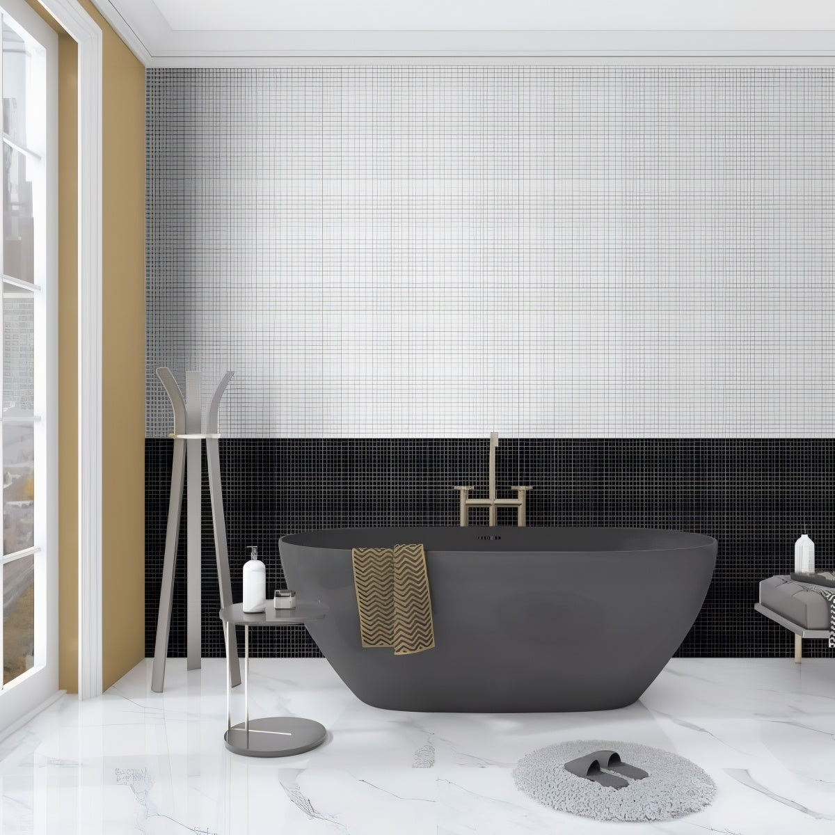 Penny Cosmo Black Tile - 12x12 ceramic wall tile with glossy black micro-grid square pattern


