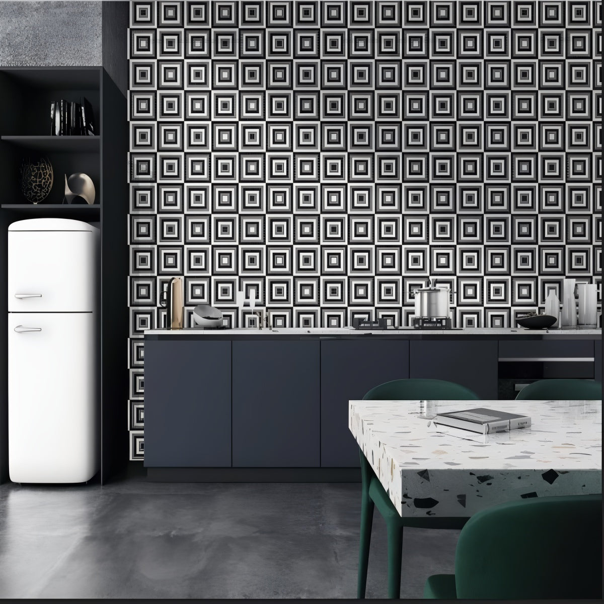Penny Cosmo Bonnet Tile - 12x12 ceramic wall tile with concentric square mosaic in black, white, and gray

