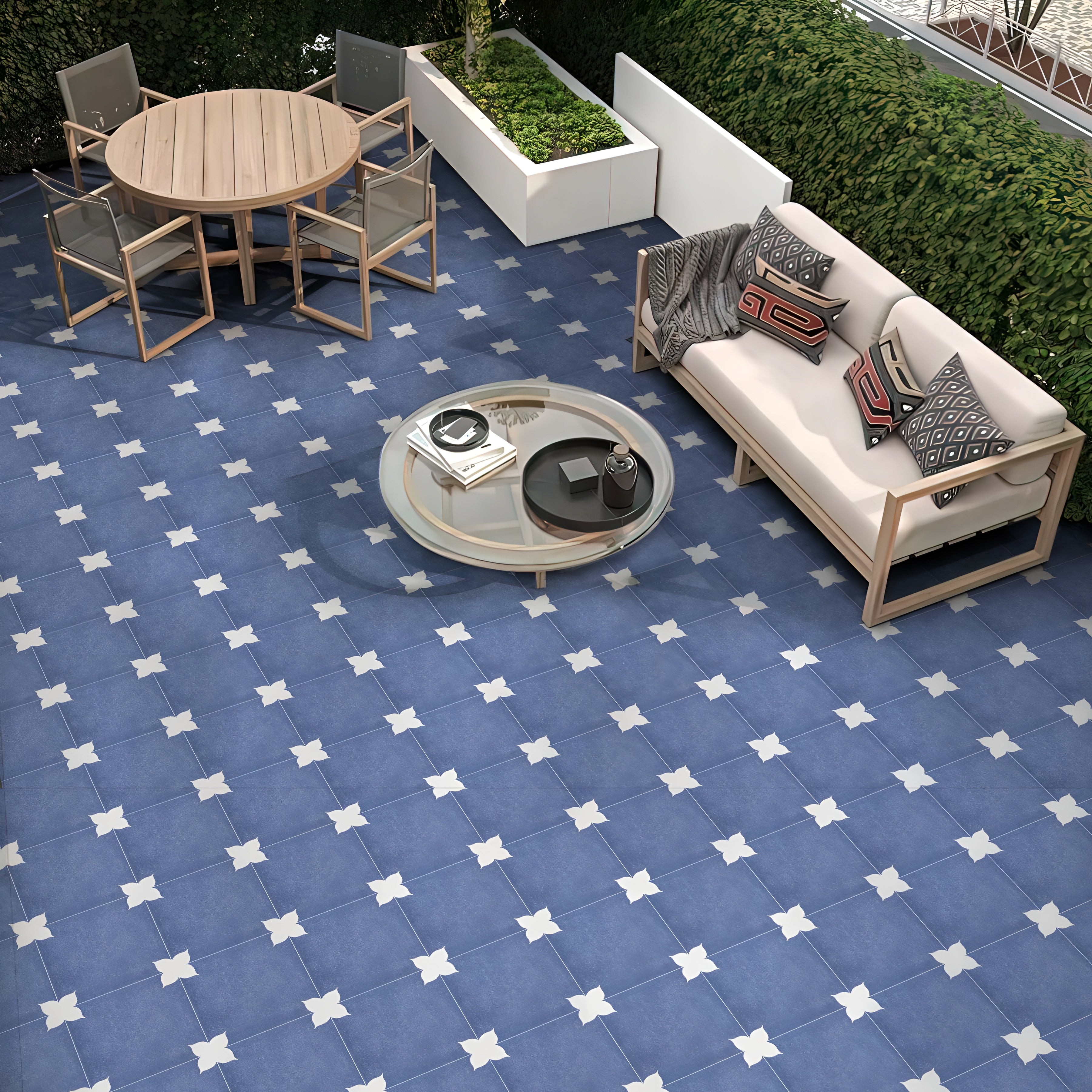 Petal Blue Ceramic Athangudi Tile in 12 Inch x 12 Inch size featuring an elegant printed pattern inspired by traditional Athangudi craftsmanship and Moroccan design motifs. Matt finish ceramic tile suitable for both wall and floor applications in bathrooms, kitchens, balconies, bedrooms, and living rooms. Durable decorative tile with a timeless Rangoli-inspired pattern that enhances both modern and classic interior spaces.