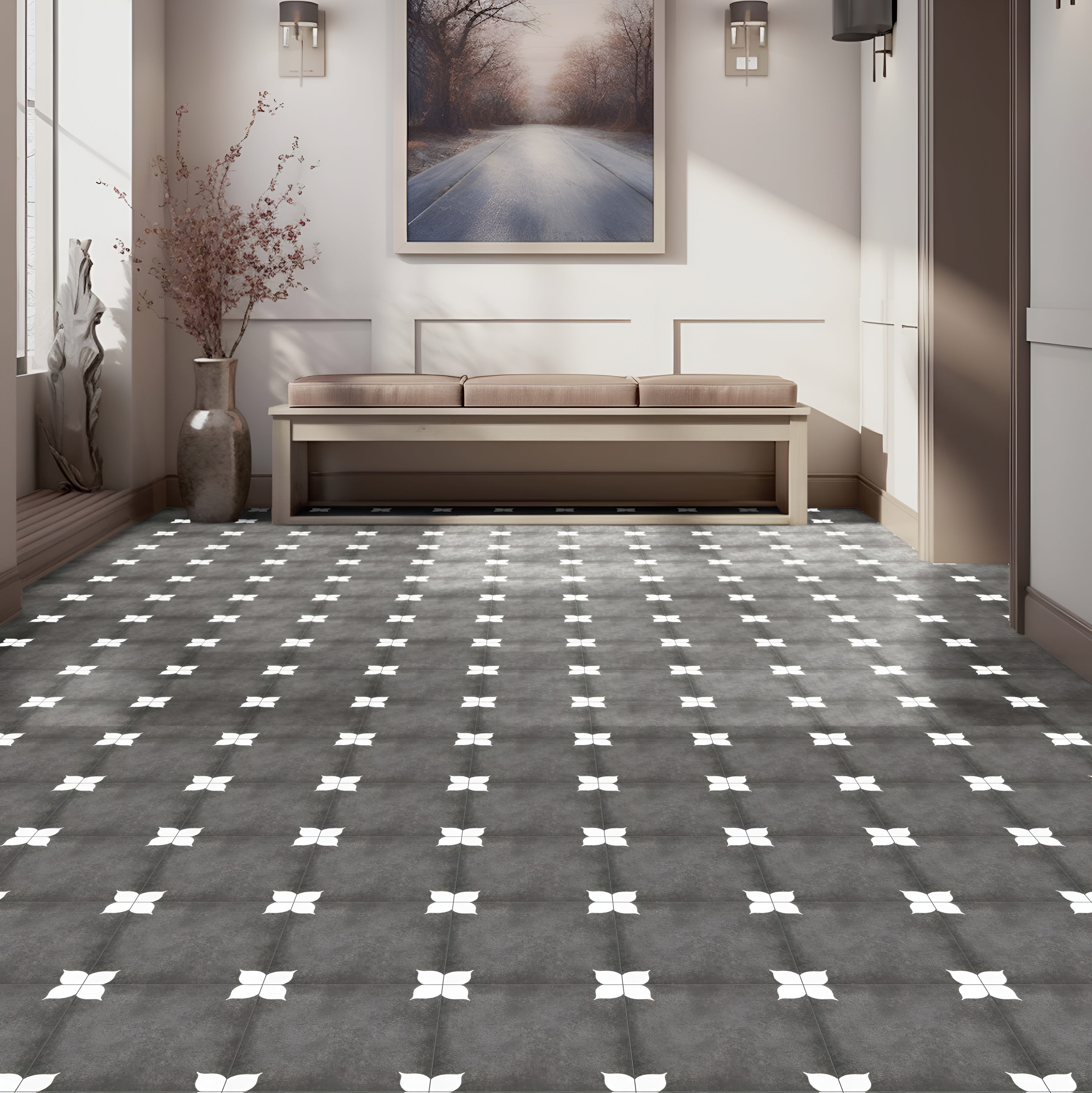 Petal Grey Ceramic Athangudi Tile in 12 x 12 inch size featuring a traditional Athangudi-inspired printed Moroccan and Rangoli pattern with a matt finish. Suitable for both wall and floor applications in bathrooms, kitchens, balconies, bedrooms, living rooms, hallways, and decorative interior spaces. Crafted from durable ceramic material, this designer tile offers a timeless handcrafted appearance while providing easy maintenance and long-lasting performance for residential and commercial interiors.
