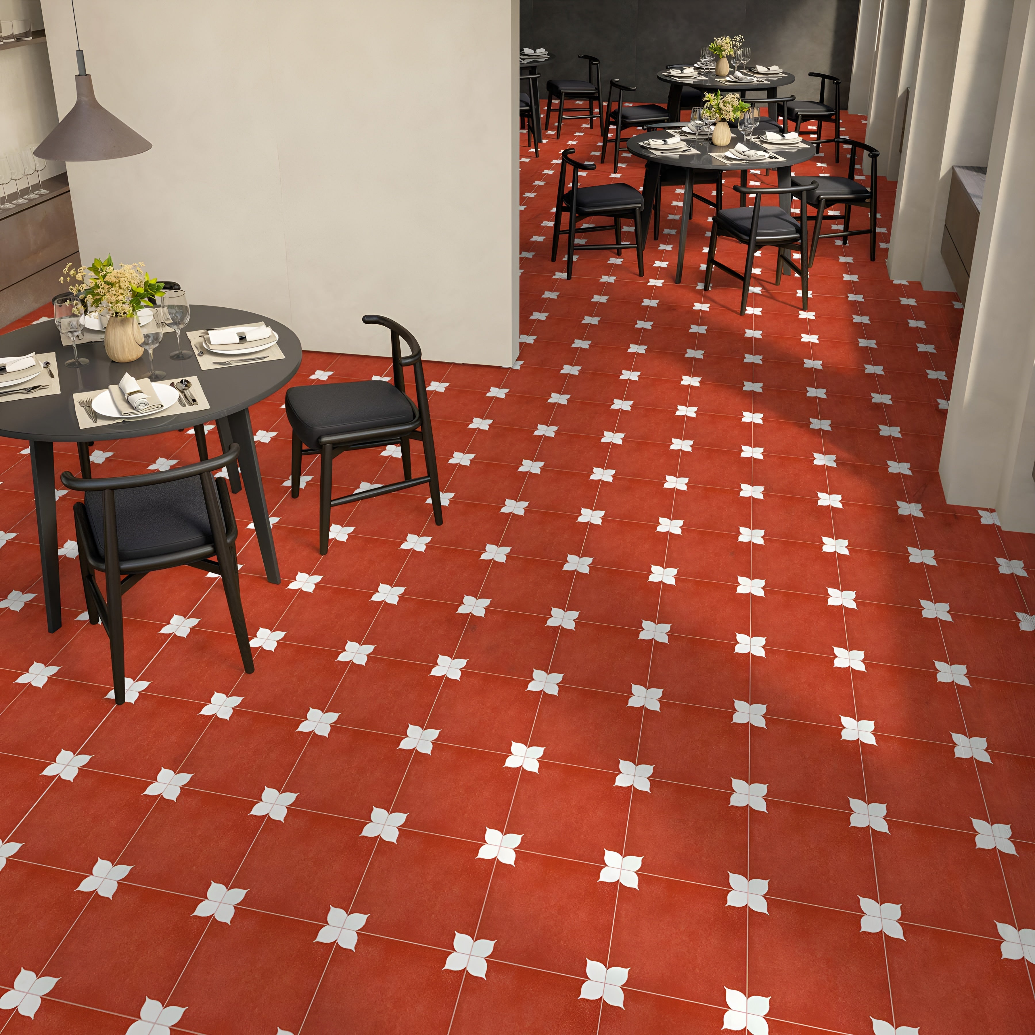Petal Red Ceramic Athangudi Tile in 12 x 12 inch size featuring an intricate traditional printed pattern inspired by classic Athangudi and Rangoli craftsmanship with a matt finish. Suitable for wall and floor applications in bathrooms, kitchens, balconies, bedrooms, and living rooms, offering a timeless decorative surface with durable ceramic construction.