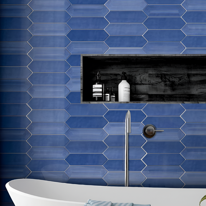 Deep Indigo Blue Picket Subway Pattern Modern Bathroom Spa Wall Decor