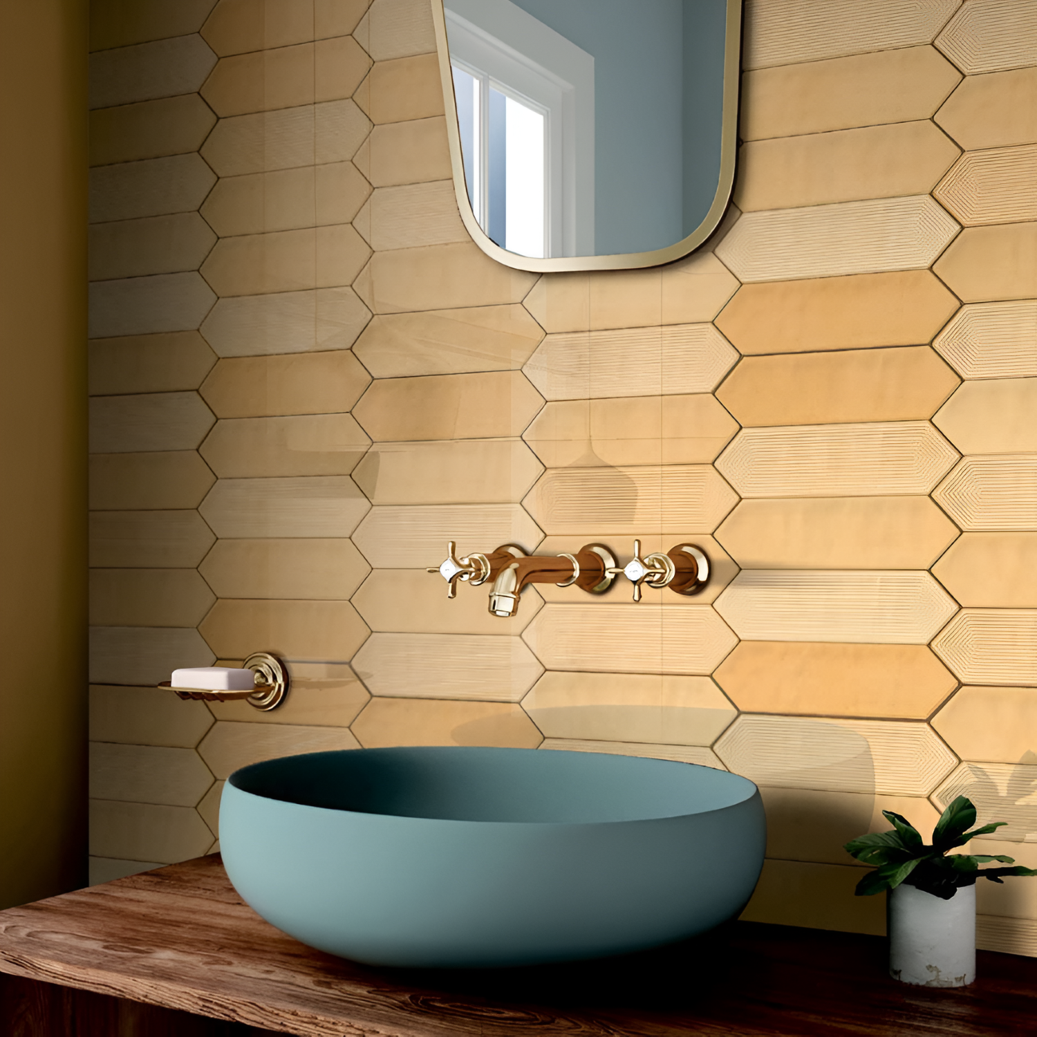 Picket Malt Tile 3x12 inch with a glossy finish, featuring a warm malt-beige surface, smooth and durable, ideal for modern bathroom walls and backsplash applications.
