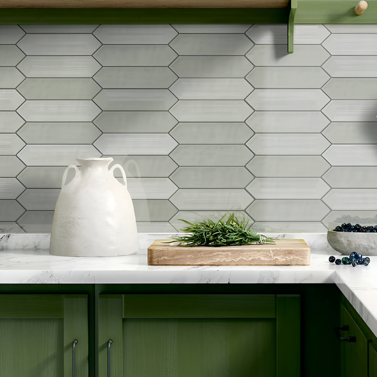 Picket Sage Subway Tile 3x12 inch with a glossy finish, featuring a soft sage-green surface, smooth and durable, ideal for modern bathroom walls and backsplash applications.
