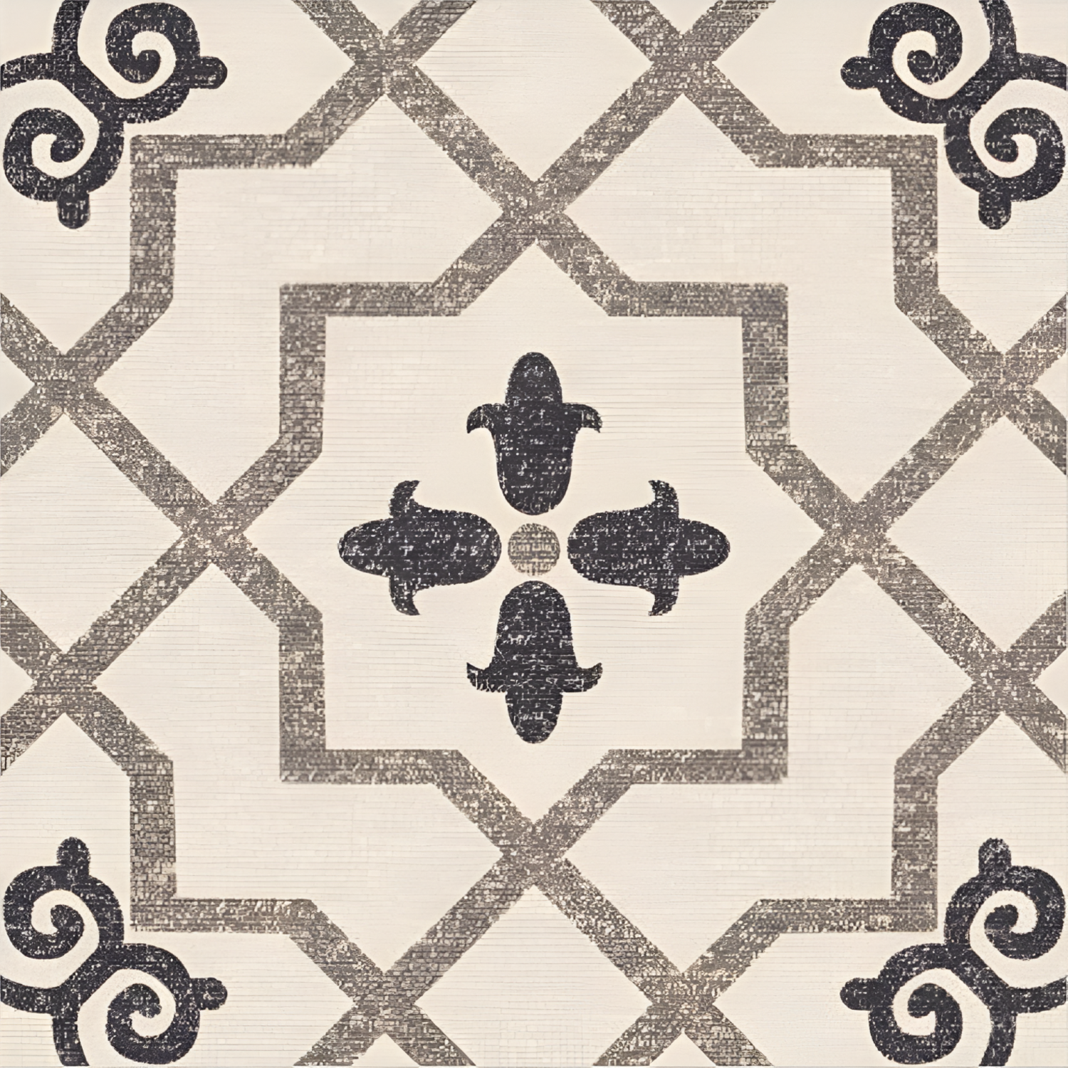 Pirna Moroccan Vitrified Tile – 16×16 inch tile featuring classic Moroccan-inspired motifs in a neutral and earthy color palette, perfect for vintage and rustic spaces.








