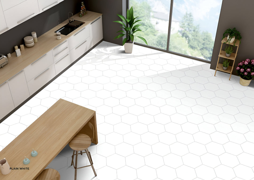 Plain White Matt Porcelain Tile in hexagonal shape with a soft matte finish – 8x10 Inches.
