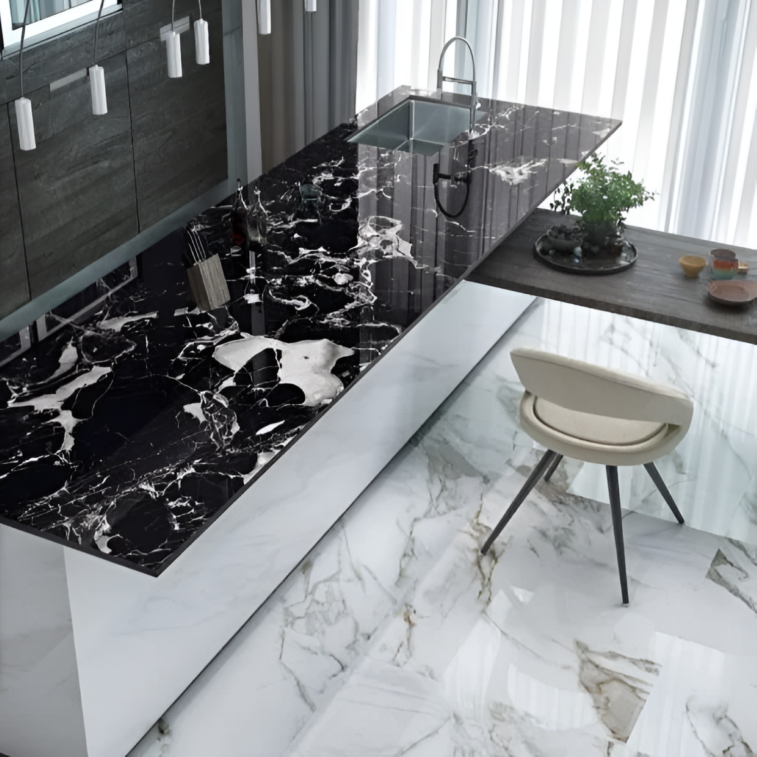 Portoro Black Color Body Kitchen Countertop / Tabletop with luxurious black surface, durable color body material, smooth polished finish, and elegant design, ideal for modern kitchens and sophisticated furniture applications
