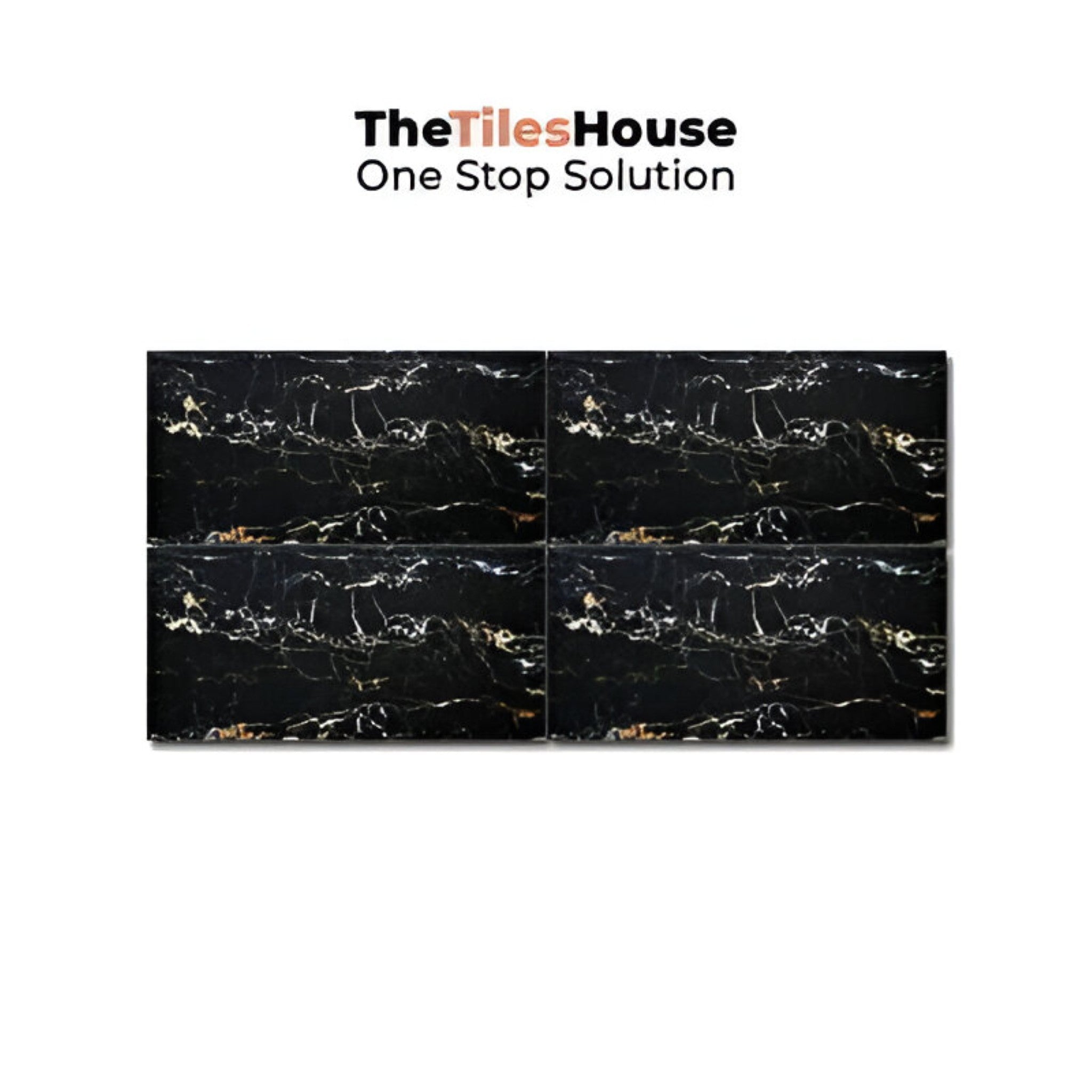 Portoro Nero High Gloss Vitrified Tile 24 Inch x 48 Inch featuring a polished black finish with striking golden marble veining suitable for luxurious wall and floor applications in living rooms bathrooms and commercial spaces
