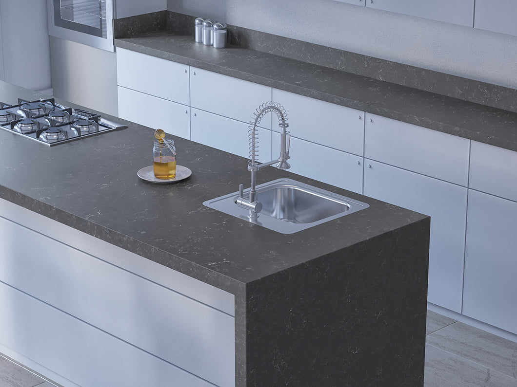 Premium quartz kitchen counter top and table top slab with glossy polished surface, featuring elegant natural-inspired texture and seamless modern finish for luxurious residential and commercial interior applications.