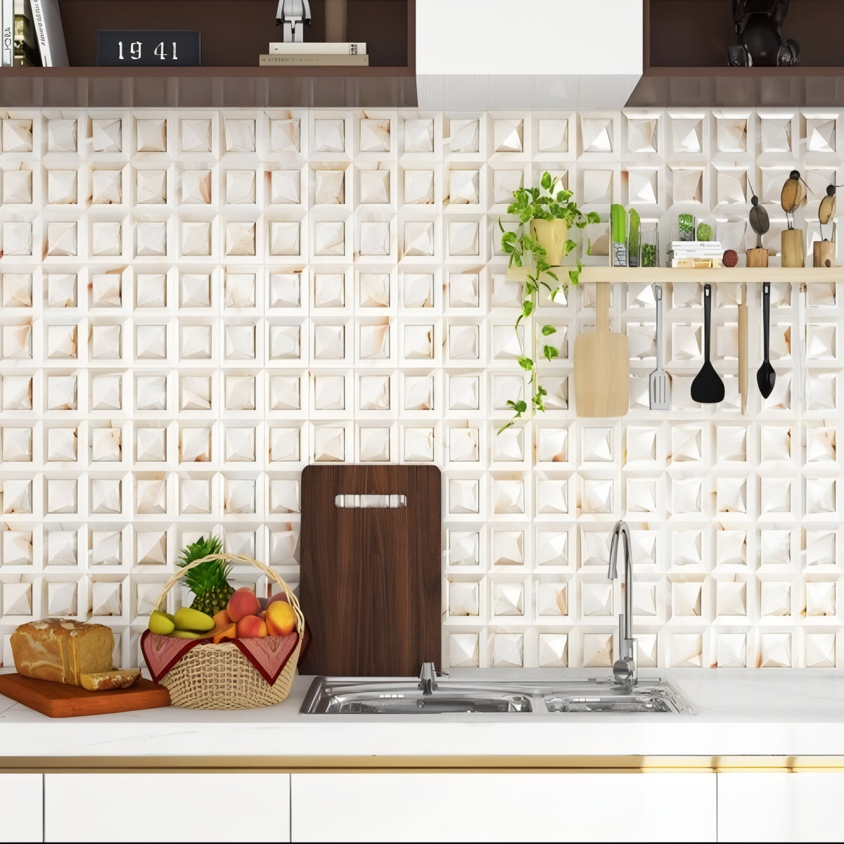 Prism Cosmo Abalone Tile - 12x12 ceramic wall tile with glossy faceted surface in beige stone-like finish

