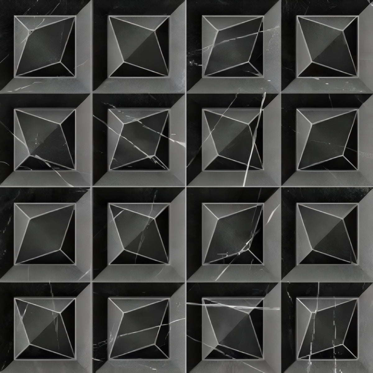 Prism Cosmo Black Tile - 12x12 ceramic wall tile with glossy black faceted pyramid design

