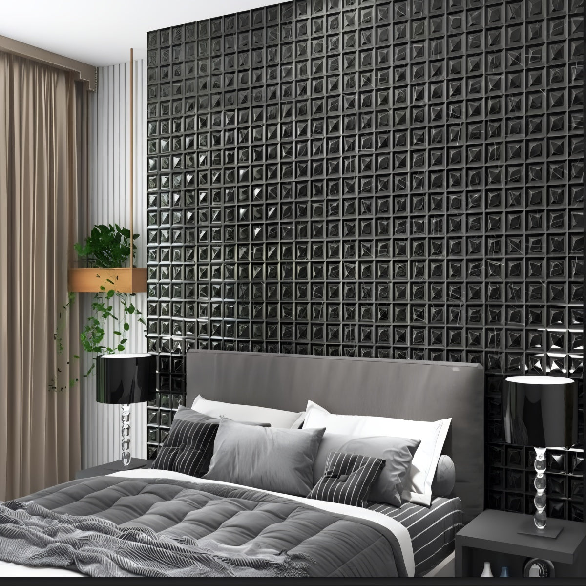 Prism Cosmo Black Tile - 12x12 ceramic wall tile with glossy black faceted pyramid design

