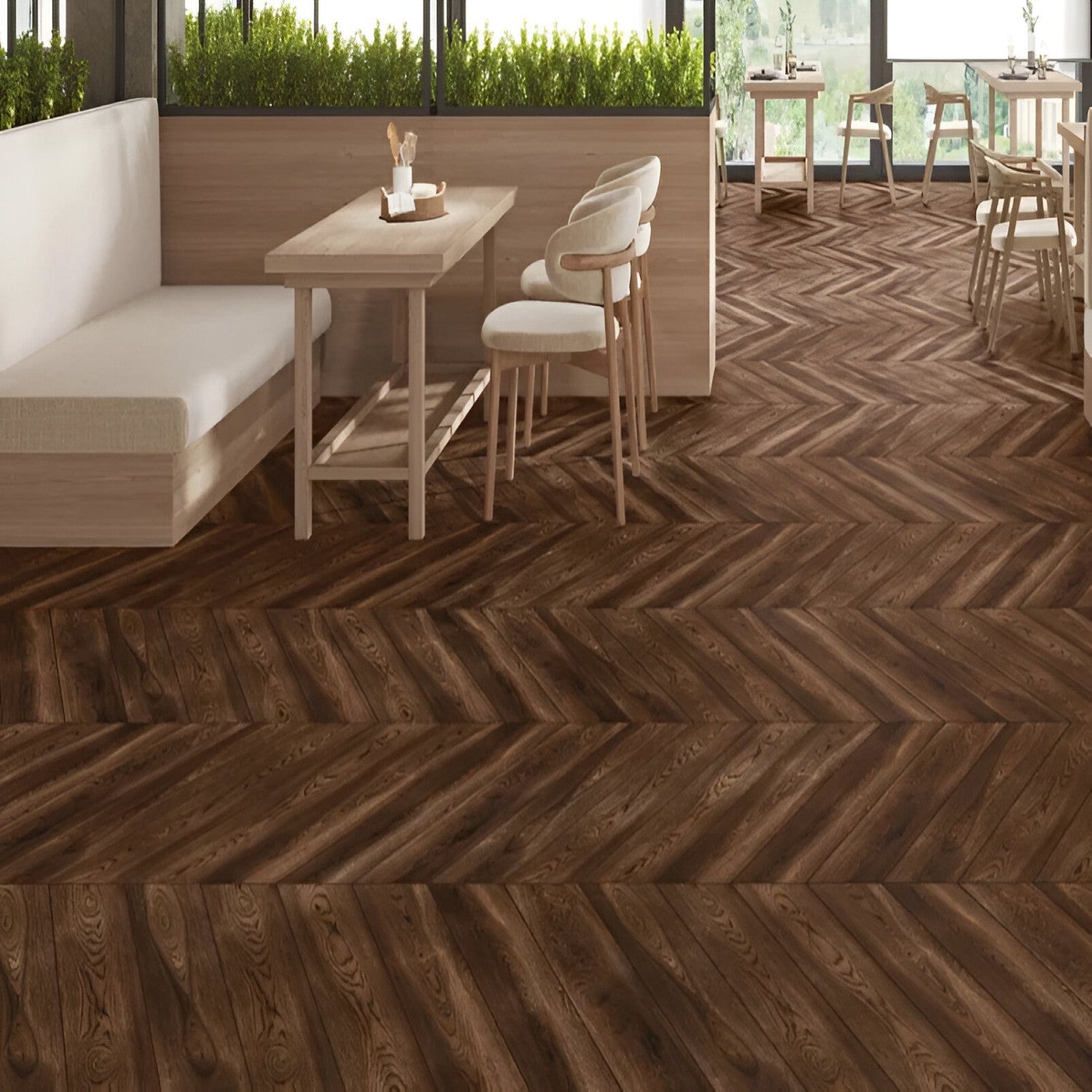Quissac Chevron Wooden Tile 6x36 Inch, featuring natural wood tones arranged in a chevron pattern, perfect for elegant and durable flooring or wall applications.
