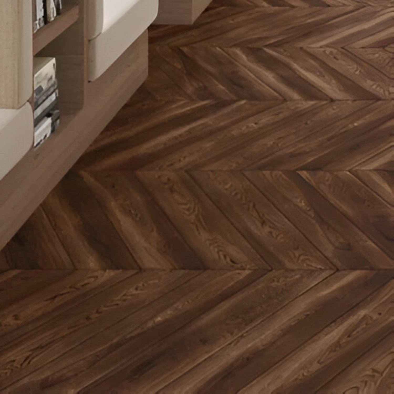 Quissac Chevron Wooden Tile 6x36 Inch, featuring natural wood tones arranged in a chevron pattern, perfect for elegant and durable flooring or wall applications.
