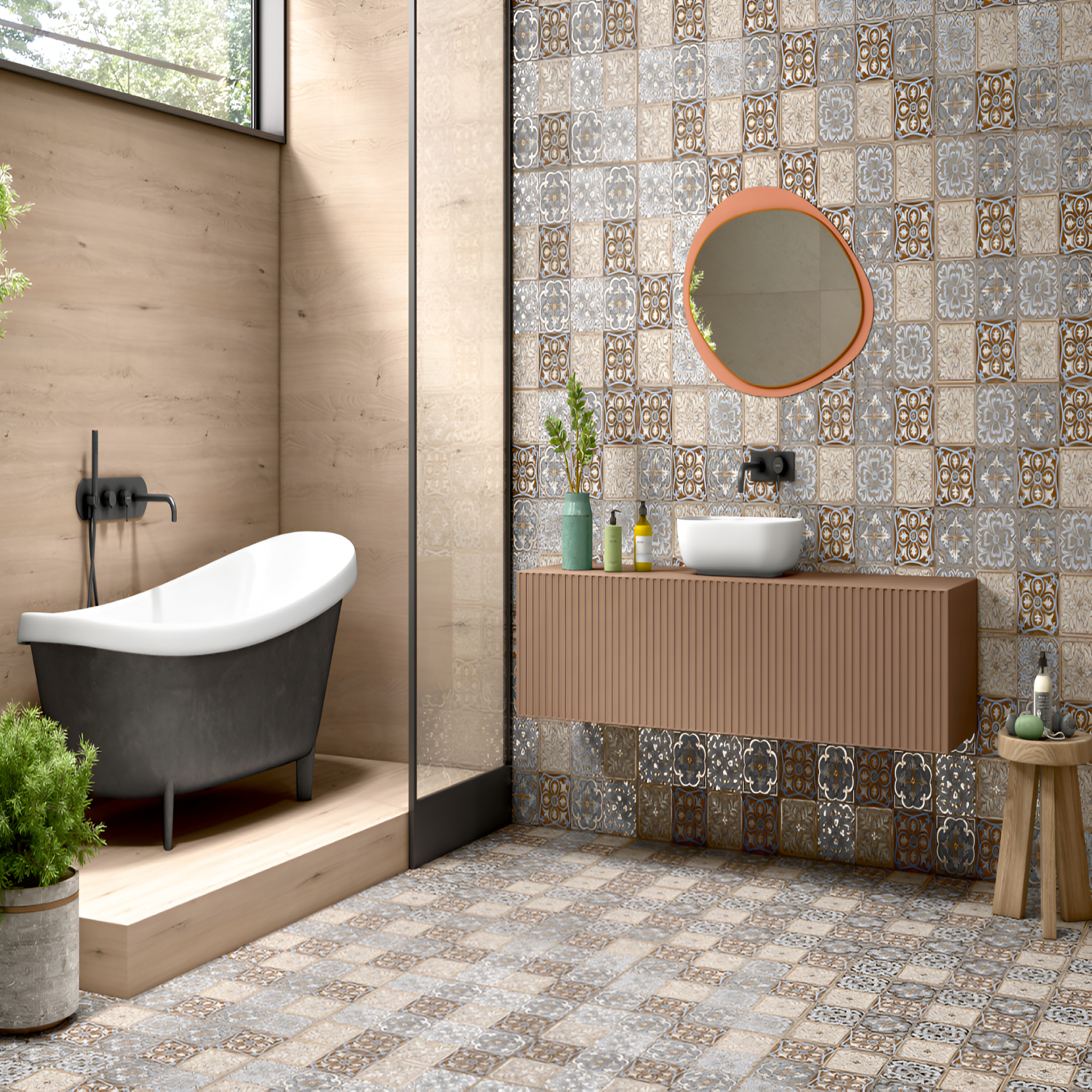 Rangoli Brown Moroccan Tile – 24x24 inch ceramic tile showcasing traditional Moroccan patterns in rich brown tones, ideal for warm and earthy interior aesthetics.
