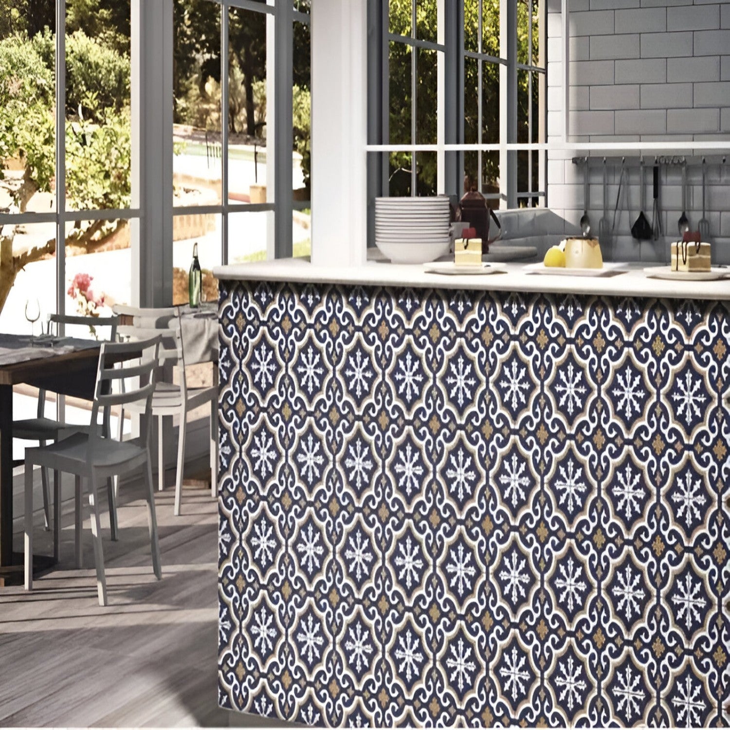 Retro Calipso Matt Ceramic Tile – 8×8 inch ceramic tile with a soft ocean-blue matte background and delicate white rangoli-style floral pattern, ideal for serene decorative accents.