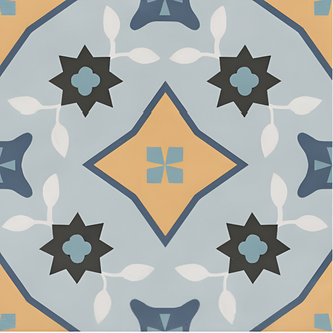 Rivoli Fort Berry Moroccan Vitrified Tile 8x8 Inch with Matt Finish showcasing intricate Rangoli and printed Moroccan patterns, suitable for floor and wall decoration in modern and traditional interiors.