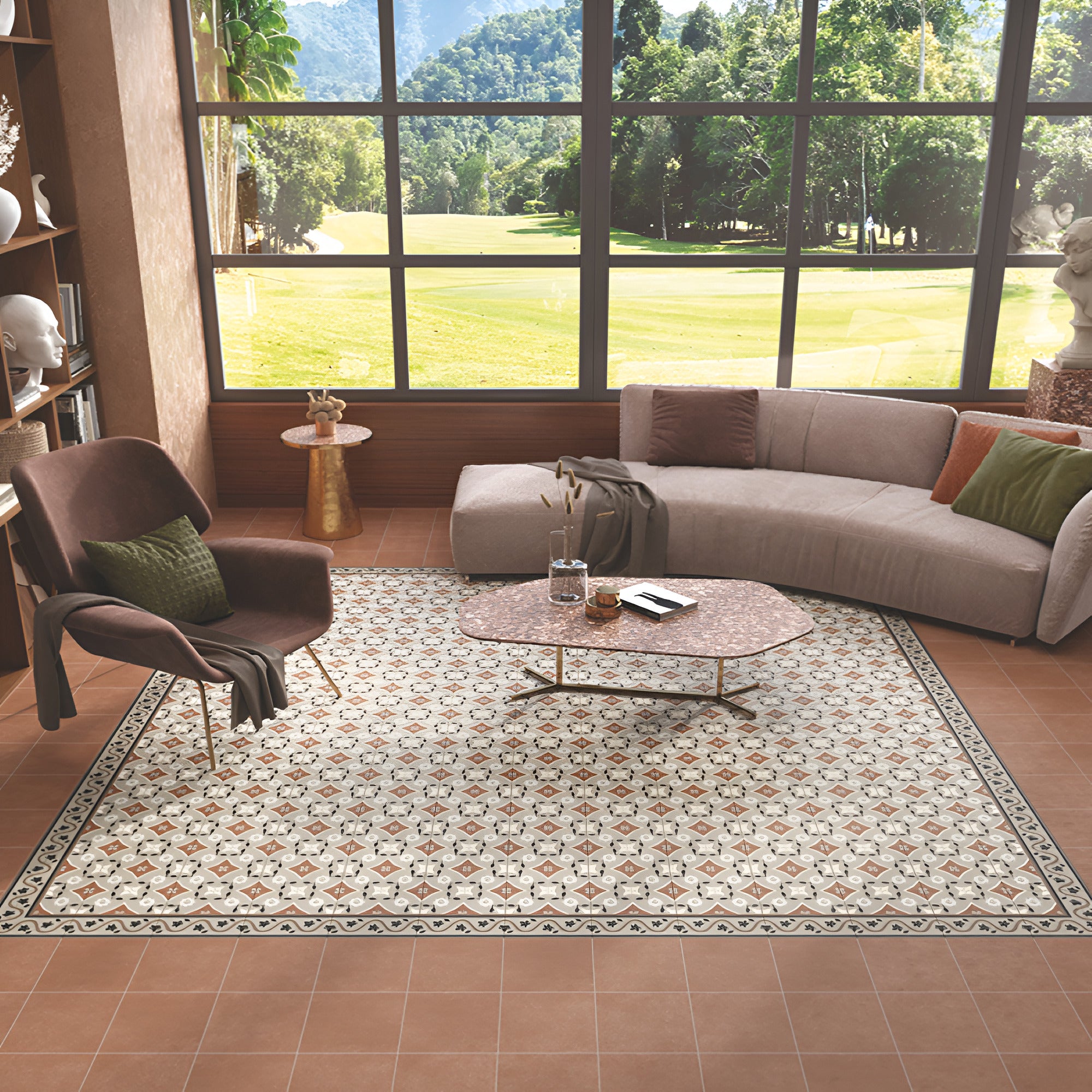 Rivoli Fort Verde Moroccan Vitrified Tile 8×8 Inch with matt finish, featuring printed Moroccan and Rangoli-inspired designs, ideal for floor and wall applications, showcasing elegant artistic patterns and durable vitrified material.