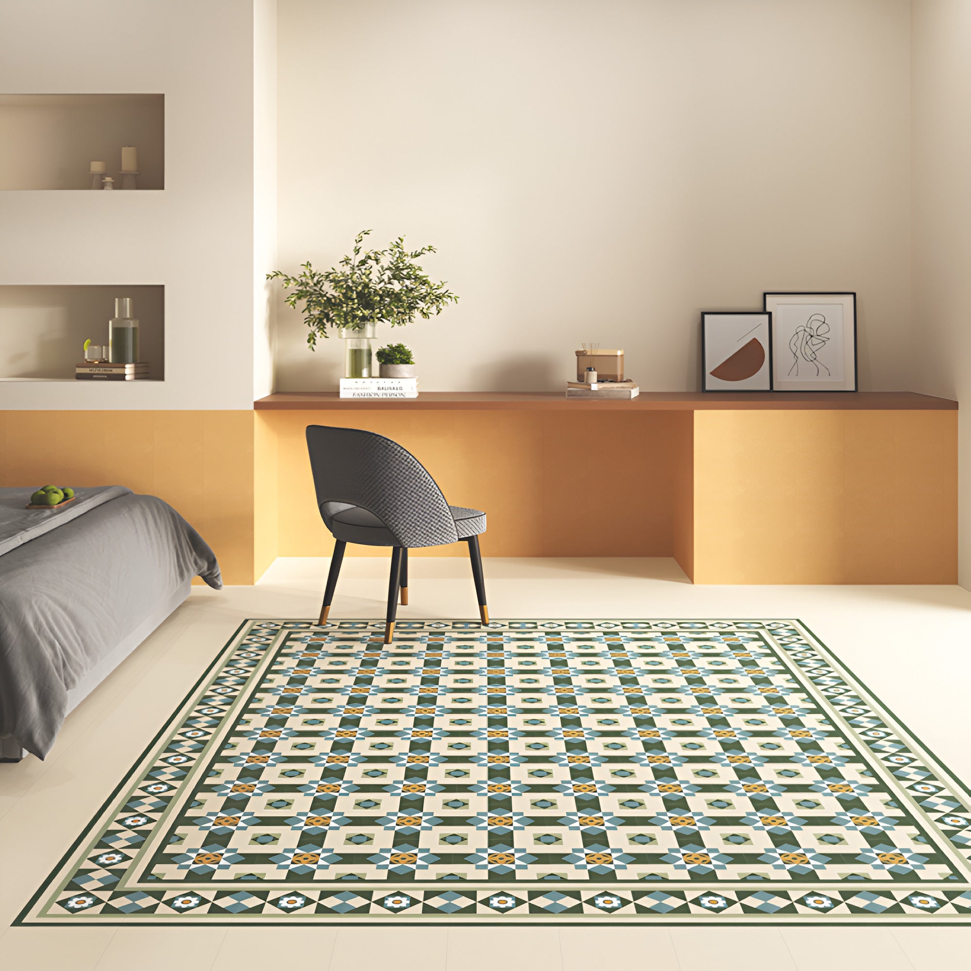 Rivoli Soil Glide Moroccan Vitrified Tile 8x8 Inch in matt finish, showcasing intricate Moroccan printed Rangoli patterns, suitable for floor and wall applications, highlighting durability, elegance, and artistic design.