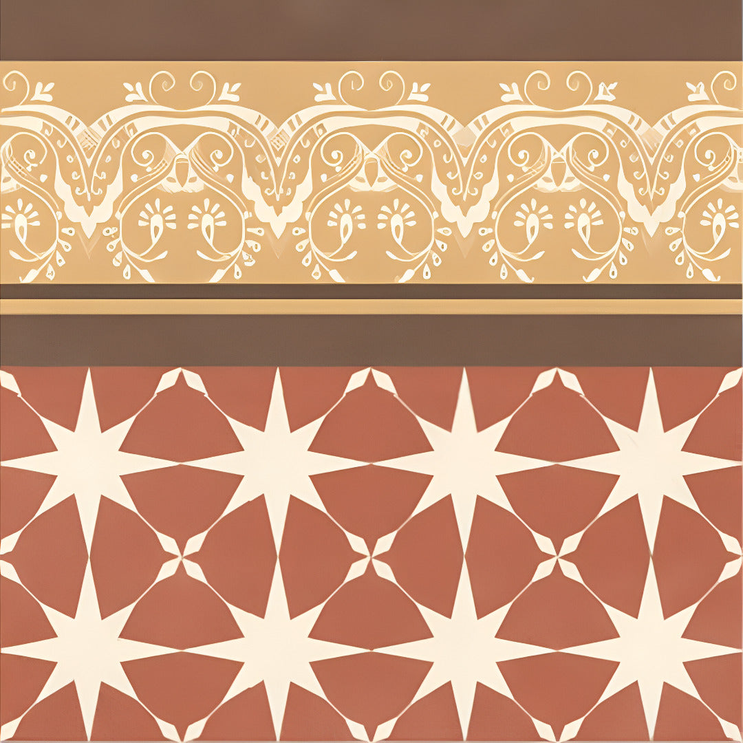 Rivoli Vibe Mid Moroccan Vitrified Tile 8x8 inch with matt finish, featuring vibrant Moroccan, Printed, and Rangoli designs, suitable for floor and wall applications, highlighting intricate color patterns and smooth texture for elegant interiors.