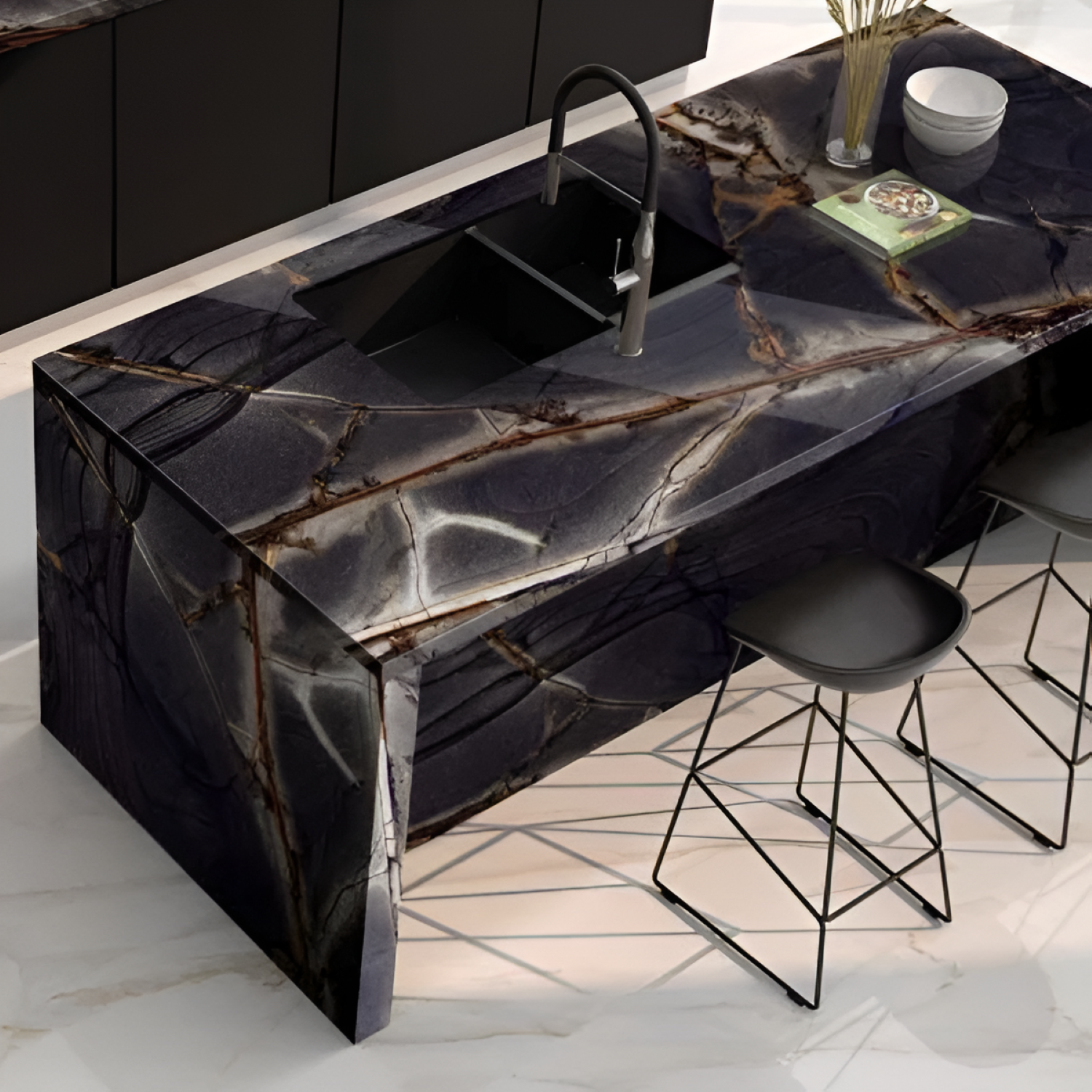 Roma Black Color Body Kitchen Countertop / Tabletop with sleek black surface, durable color body material, smooth polished finish, and modern design, ideal for contemporary kitchens and stylish furniture applications
