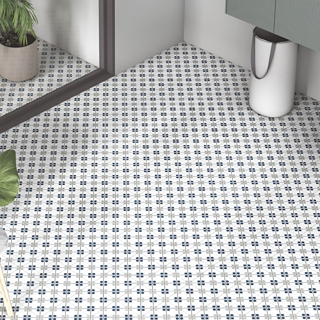 Rosata Blue Moroccan Vitrified Tile 8×8 Inch with Matt Finish, featuring intricate Moroccan and Rangoli printed designs, ideal for flooring and wall decoration in living rooms, bathrooms, kitchens, and hallways.