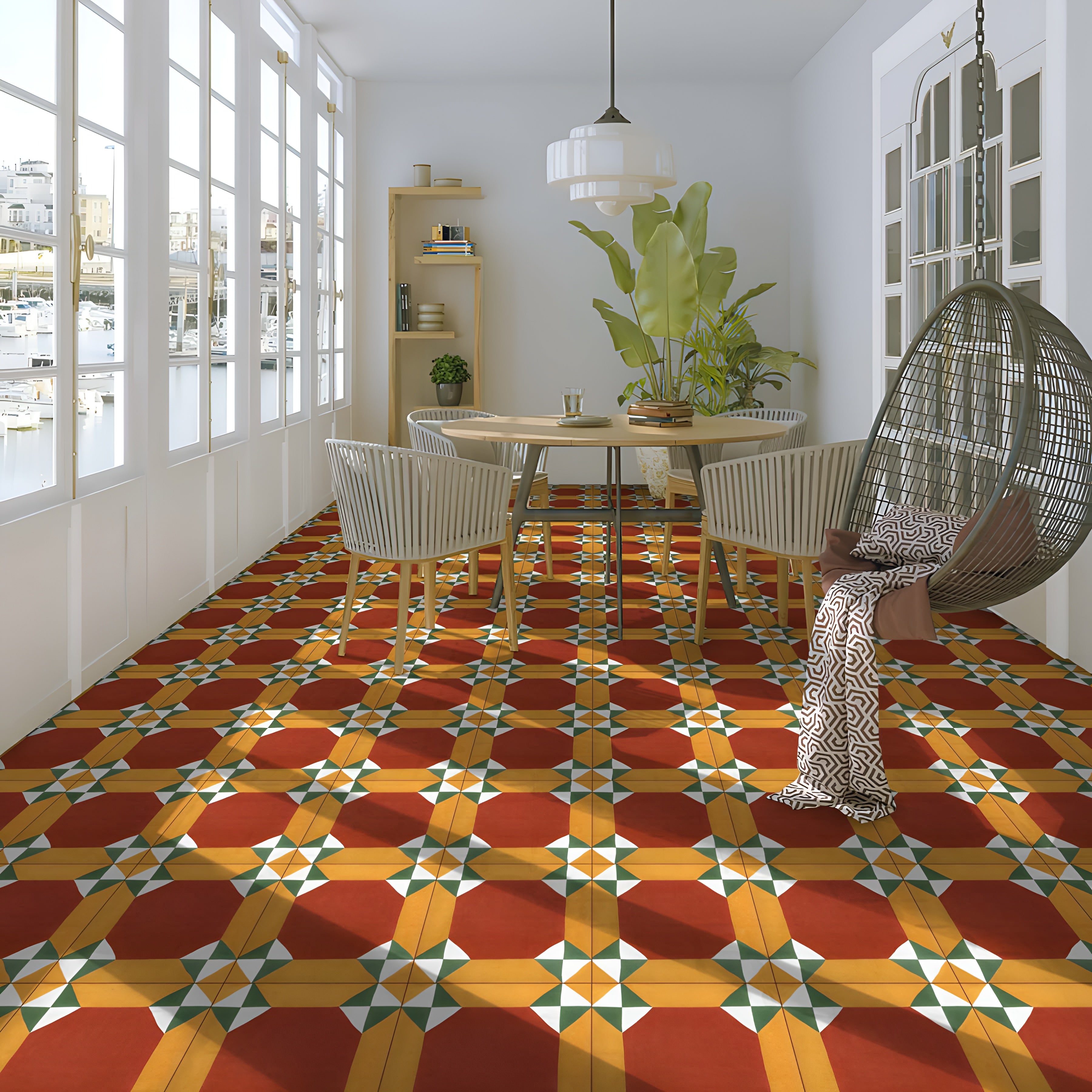 Royal Octagon Ceramic Athangudi Tile 12 Inch x 12 Inch in vibrant yellow and red color featuring traditional Athangudi, Moroccan, and Rangoli-inspired geometric printed patterns with a premium matt finish, installed on both wall and floor in an elegant Indian-style living space, suitable for bathrooms, kitchens, balconies, bedrooms, and living rooms, showcasing durable ceramic construction and timeless decorative appeal.
