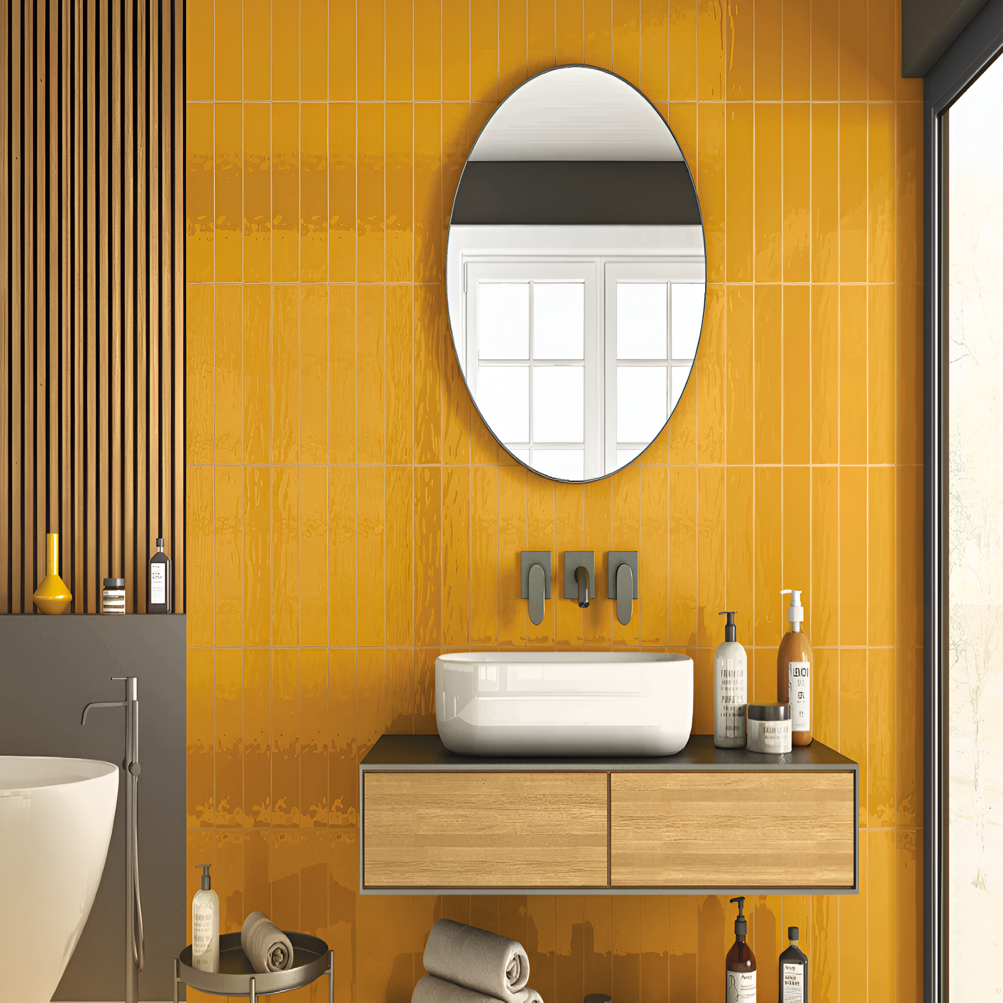 Royal Yellow Handicraft Subway Tile in 3x12 size, glossy ceramic finish, vibrant yellow rectangular subway design, perfect for kitchen backsplash, bathroom walls, and accent interiors, reflecting light for a bright and cheerful look.