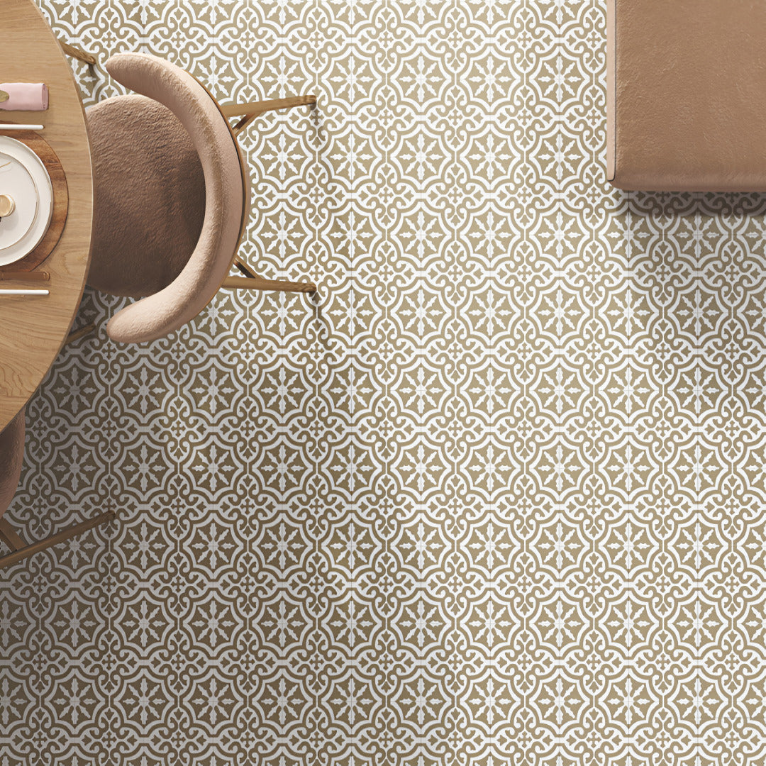 Run Crema Moroccan Vitrified Tile 8x8 Inch displaying intricate Moroccan, Printed, and Rangoli designs in a soft cream shade with matt finish, perfect for stylish floor and wall applications in modern and traditional interiors.