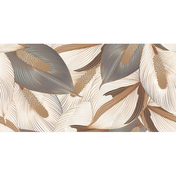 S-9011 Decor Gloss Vitrified Tile 24x48 Inch – Botanical Pattern Wall Tile in Beige, Brown & Grey
