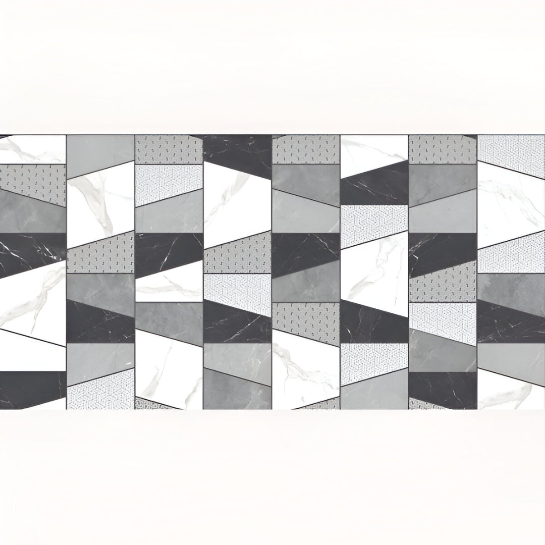 S-9029 Decor Gloss Vitrified Tile 24x48 Inch – Modern Wall Tile with Geometric Patterns in Grey, Black, and White

