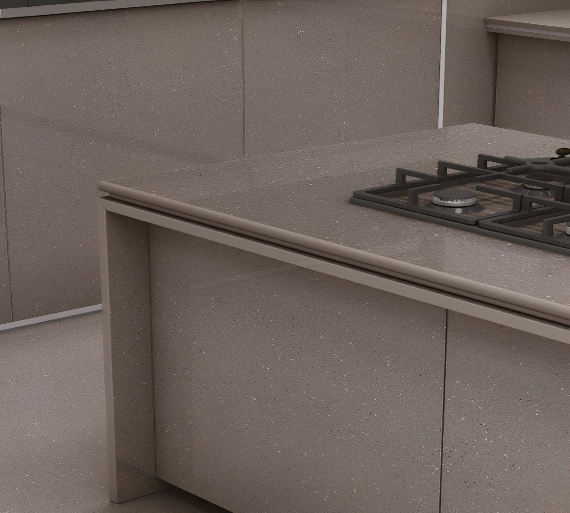 Saga Barly sintered stone kitchen counter top slab in large 800x3000mm format with smooth gloss finish, installed as a seamless modern kitchen island surface, showcasing polished reflective texture, refined edge detailing, spacious countertop layout, and premium architectural styling suitable for contemporary residential interiors.