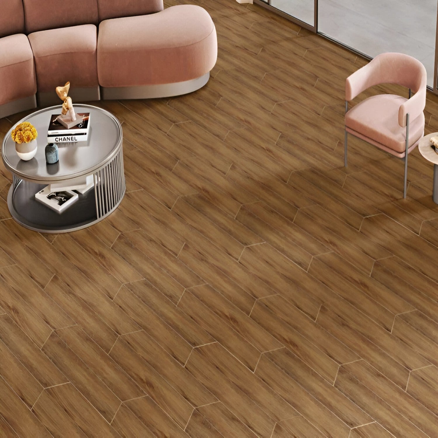 Sandbank Chevron Wooden Tile 6x36 Inch, featuring soft sandy wood tones arranged in a chevron pattern, ideal for warm, stylish, and durable flooring or wall applications.
