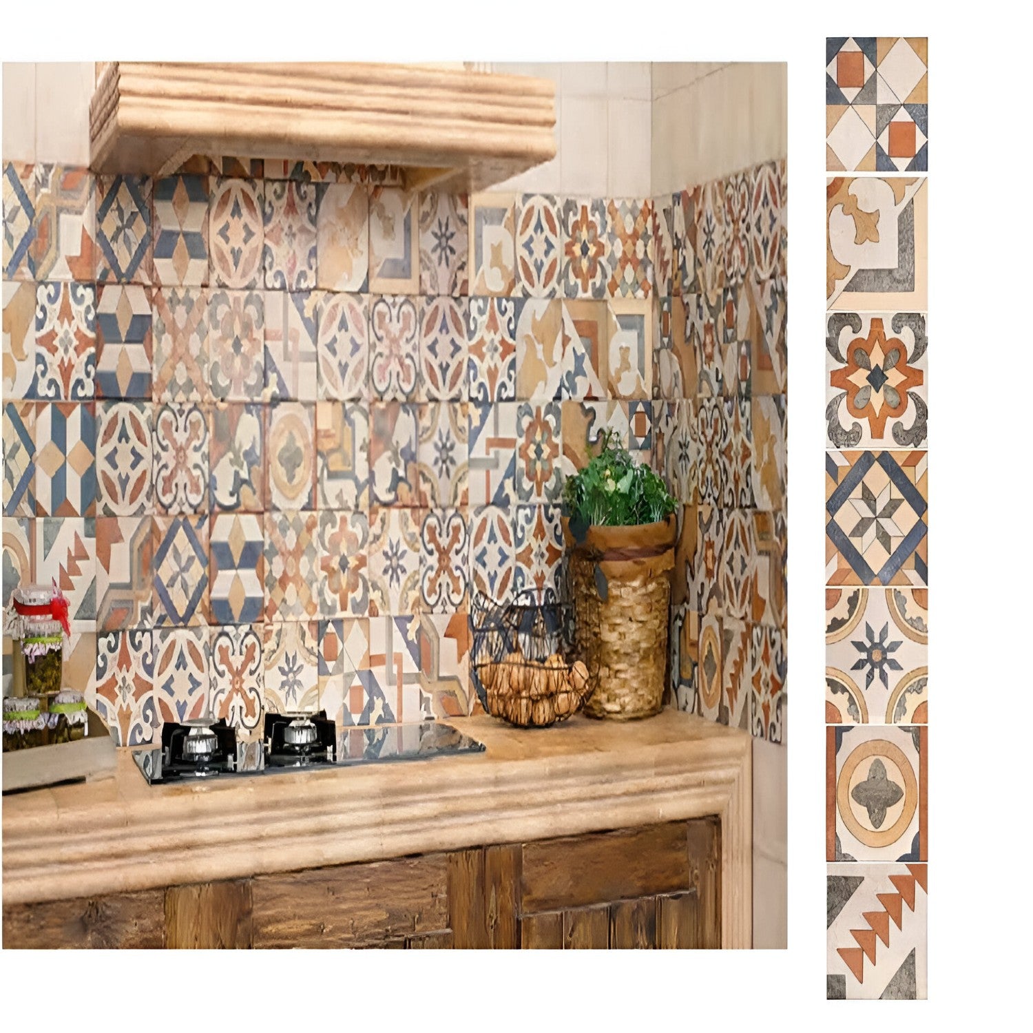 Colorful Savoca Decor 6x6 inch ceramic tiles arranged in a vintage patchwork style on a kitchen backsplash, featuring a mix of floral, geometric, and traditional patterns in warm earthy tones of terracotta, blue, mustard, and grey.