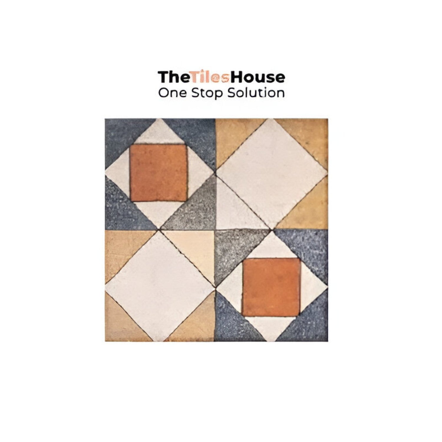 Colorful Savoca Decor 6x6 inch ceramic tiles arranged in a vintage patchwork style on a kitchen backsplash, featuring a mix of floral, geometric, and traditional patterns in warm earthy tones of terracotta, blue, mustard, and grey.