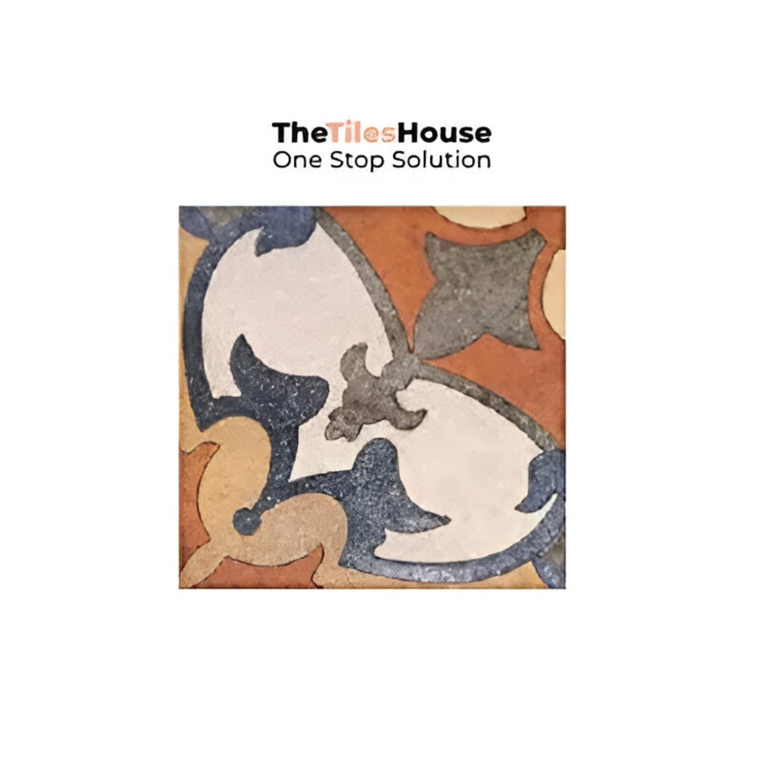 Colorful Savoca Decor 6x6 inch ceramic tiles arranged in a vintage patchwork style on a kitchen backsplash, featuring a mix of floral, geometric, and traditional patterns in warm earthy tones of terracotta, blue, mustard, and grey.